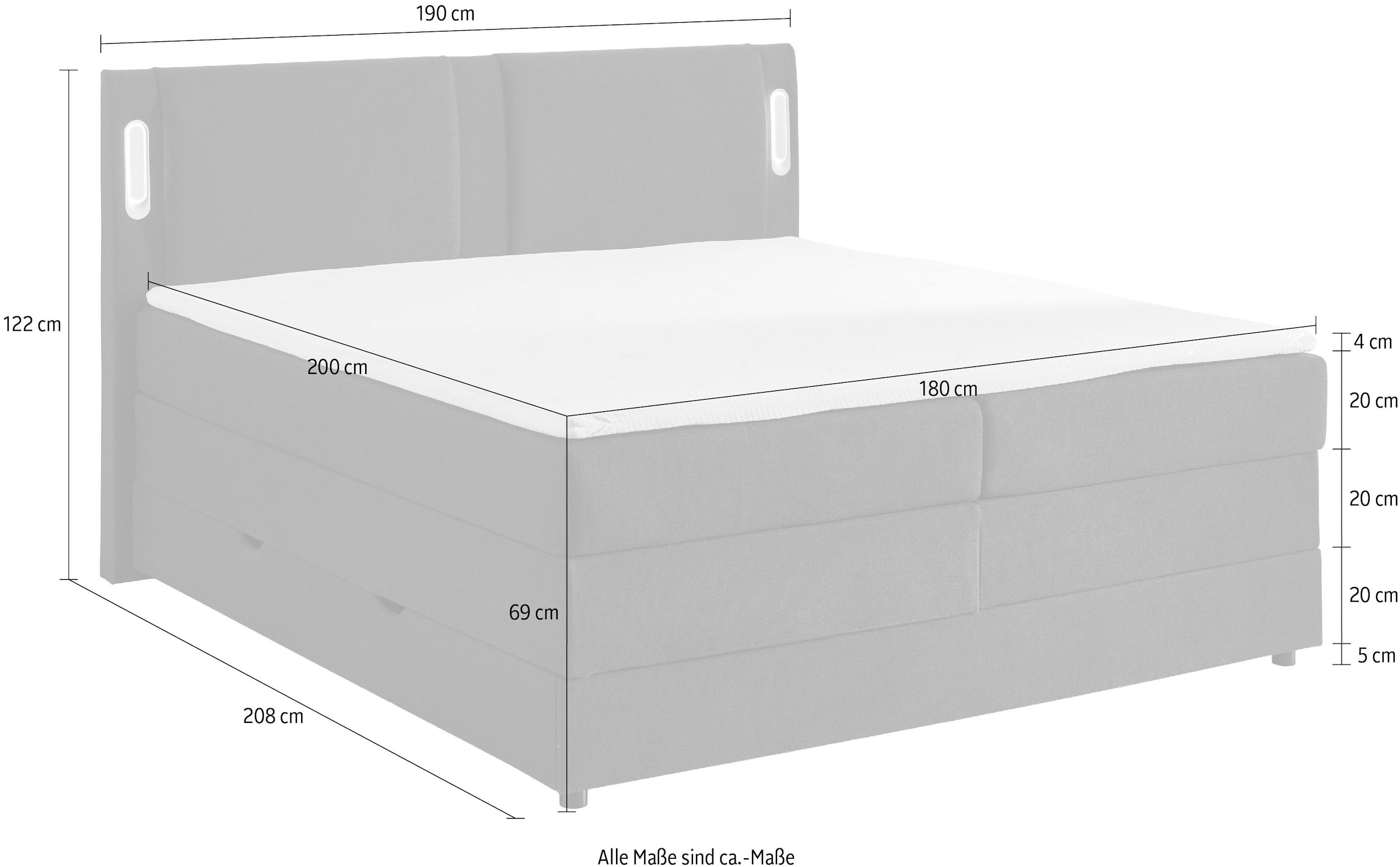 INOSIGN Boxbett »Elverta inkl. Bettkasten und LED-Beleuchtung« erhältlich in der Breite 180x200cm, Kopfteil in Kissenoptik