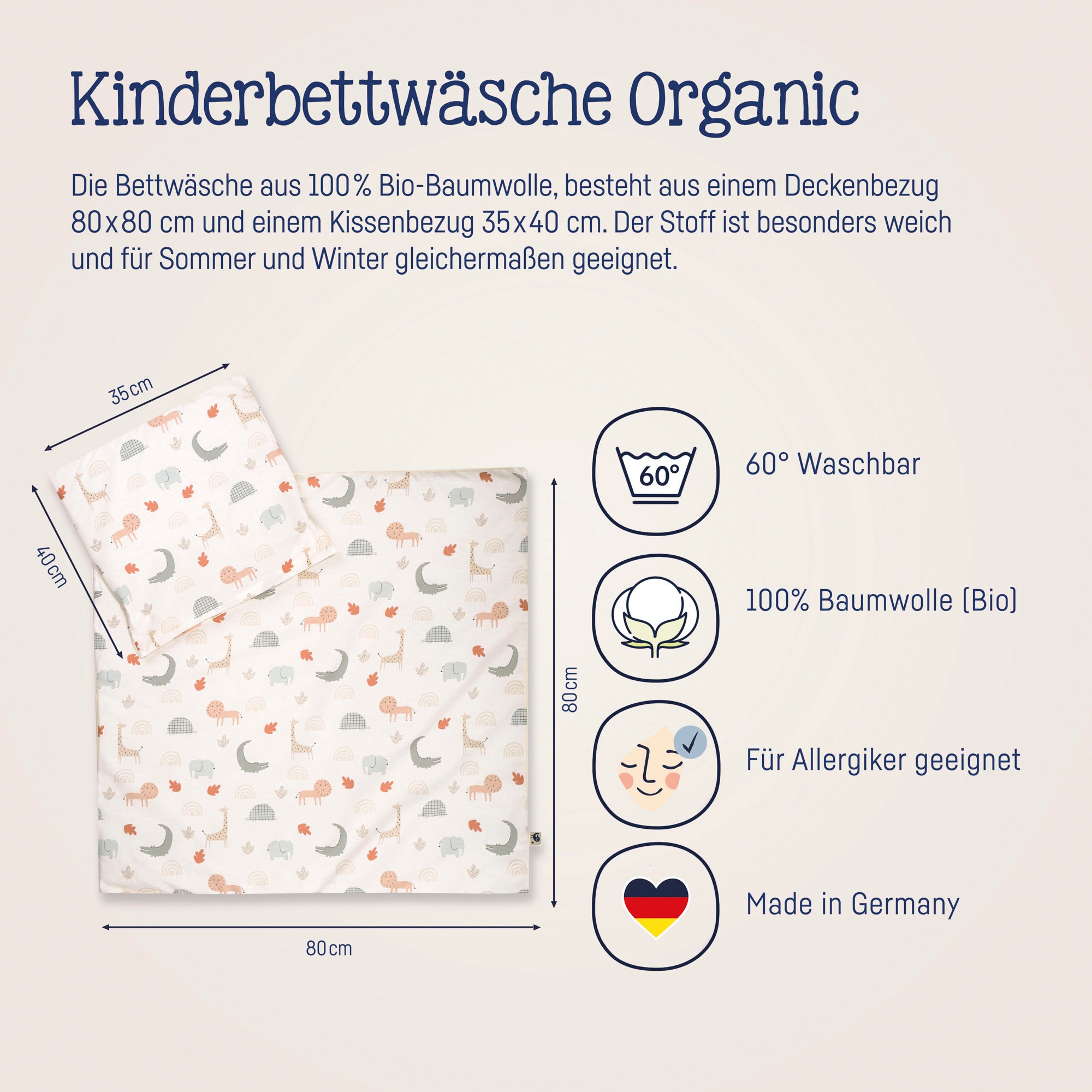 Julius Zöllner Kinderbettwäsche »Baby- und Kinderbettwäsche aus 100% Bio-Baumwolle«, erhältlich in den Größen 80x80+35x40cm und 100x135+40x60cm