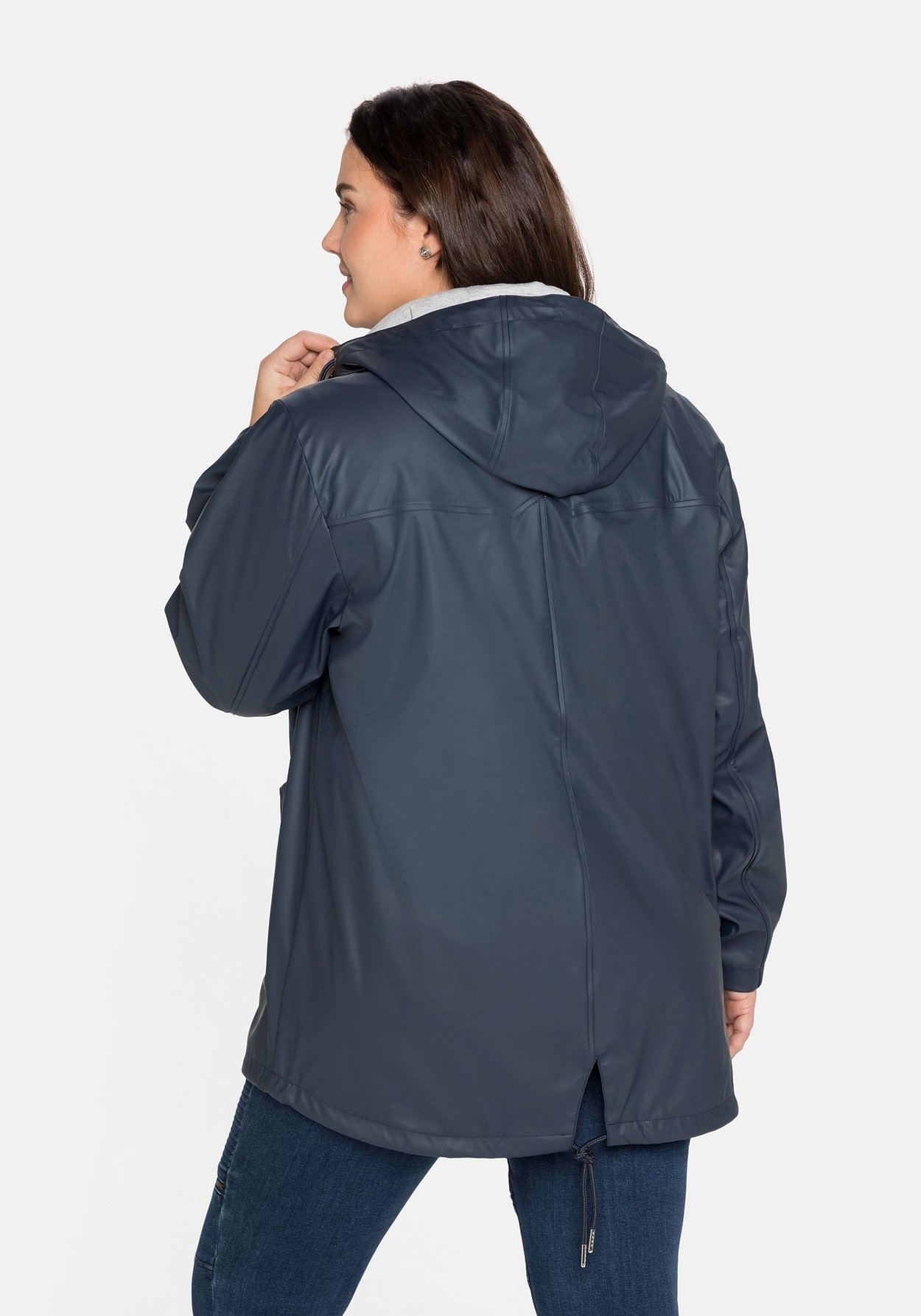 Sheego Regenjacke »Regenjacke mit Jerseyfutter, hinten länger als vorn«, mit Kapuze, mit Jerseyfutter, hinten länger als vorn