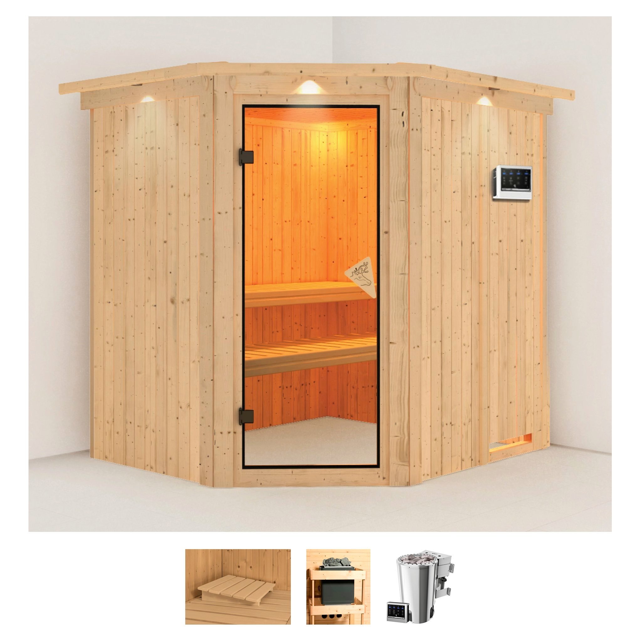 Karibu Sauna »Laila«, (Set), 3,6-kW-Bio-Plug & Play Ofen mit externer Steuerung