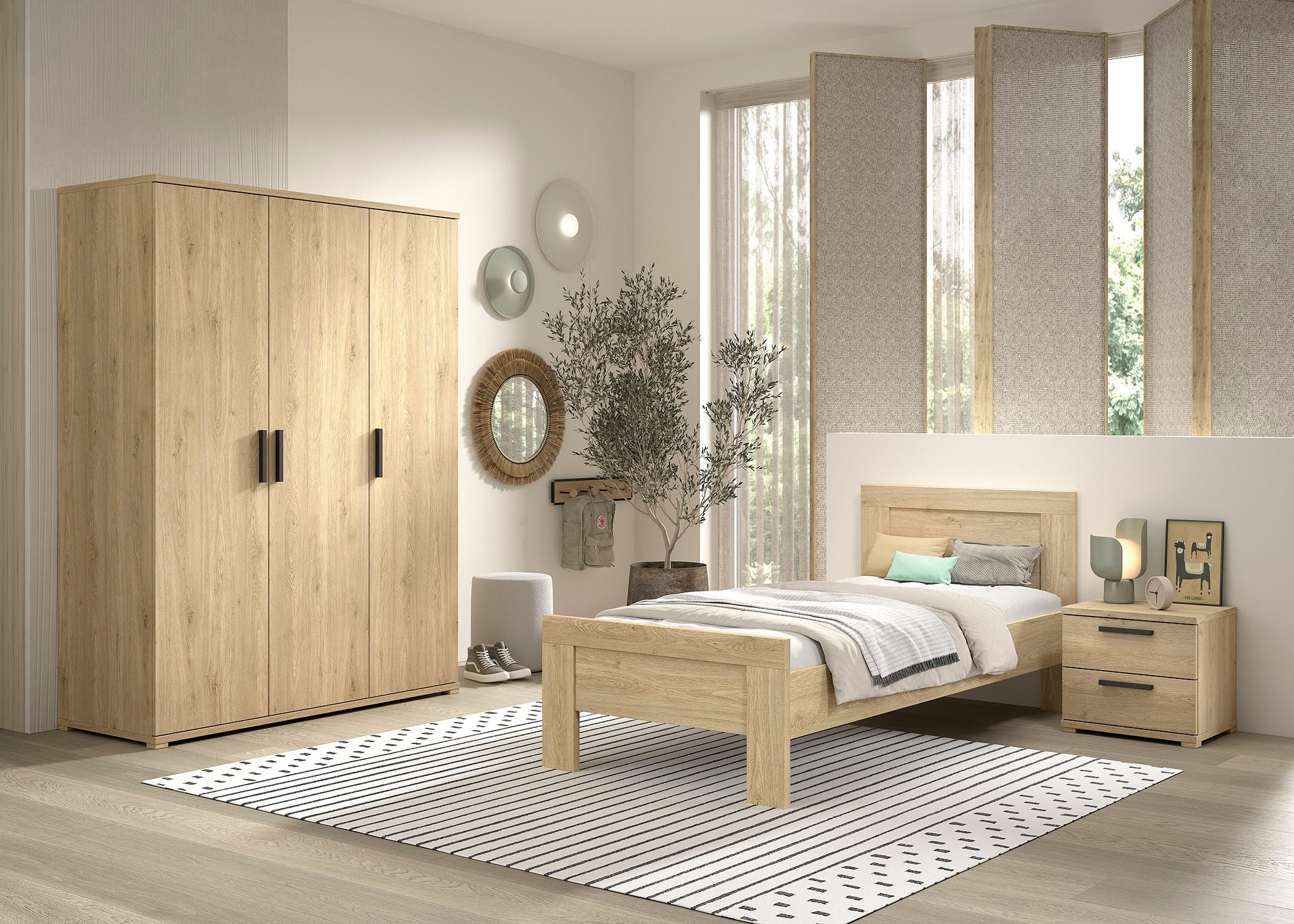 Vipack Jugendzimmer-Set »SAM - Bett, Nachtkonsole, Kleiderschrank 3-trg., gradliniges Design« Schubladen auf Metallauszug, viel Stauraum, 3 tlg. tlg.