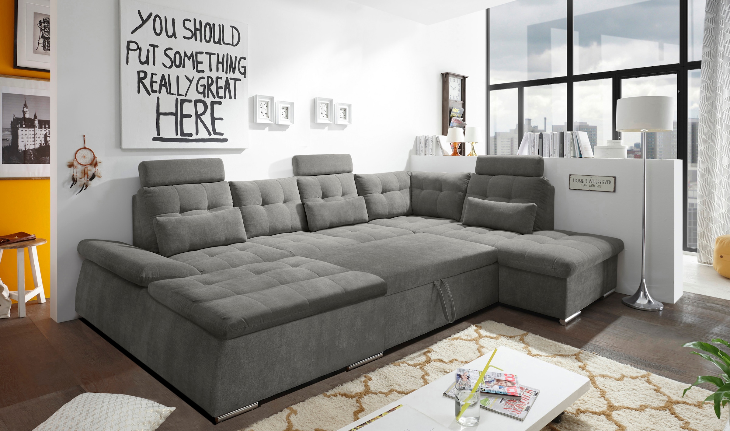 ED EXCITING DESIGN Wohnlandschaft »Nalo U-Form mit Bettfunktion, Bettkasten«, Armteilverstellung, Kopfstützen & 3 Nierenkissen