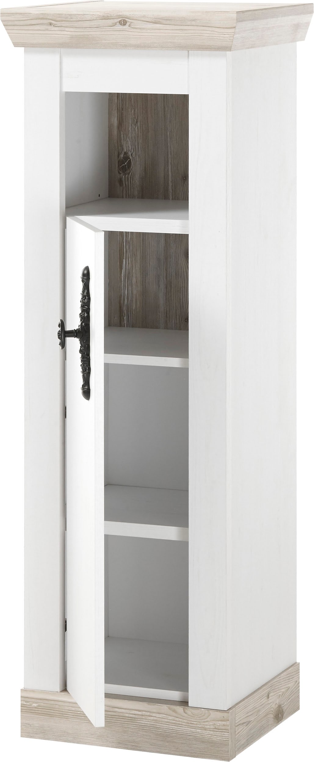 Home affaire Badmöbel-Set »Florenz, Bad im Landhausstil, 4-teiliges Badezimmer«, (4 St.), Waschtisch, Schrank, Wandregal und Spiegel, in Pinie Weiß, Stauraum