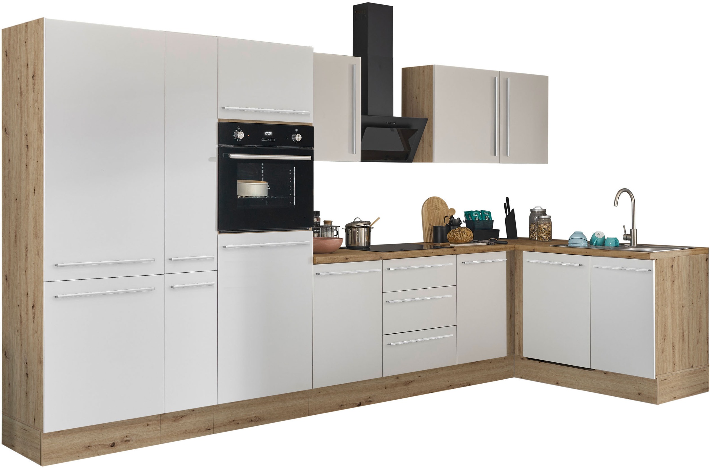 KOCHSTATION Winkelküche »Florida, Stellbreite 370x175 cm«, wahlweise mit E-Geräten, mit Softclose für Türen und Schubkästen