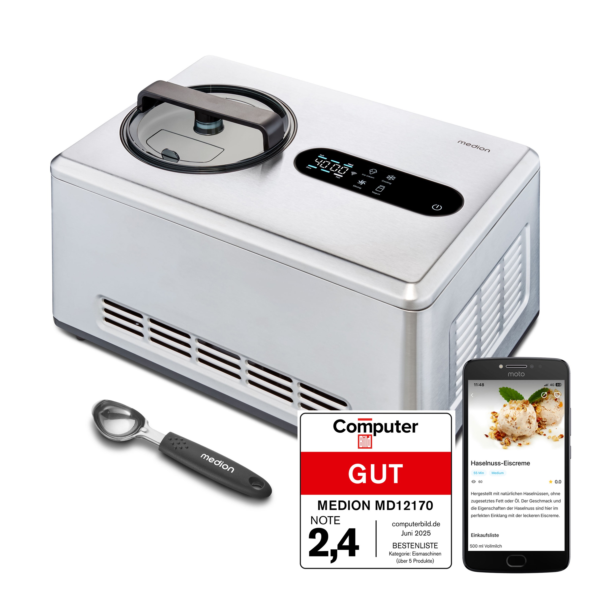 Medion® Eismaschine »MD 12170, 2 L Kapazität, integrierter Kompressor, Smartphonesteuerung«, 220 W, Herausnehmbarer Edelstahl-Eisbehälter, Sensor-Touch-LED-Display