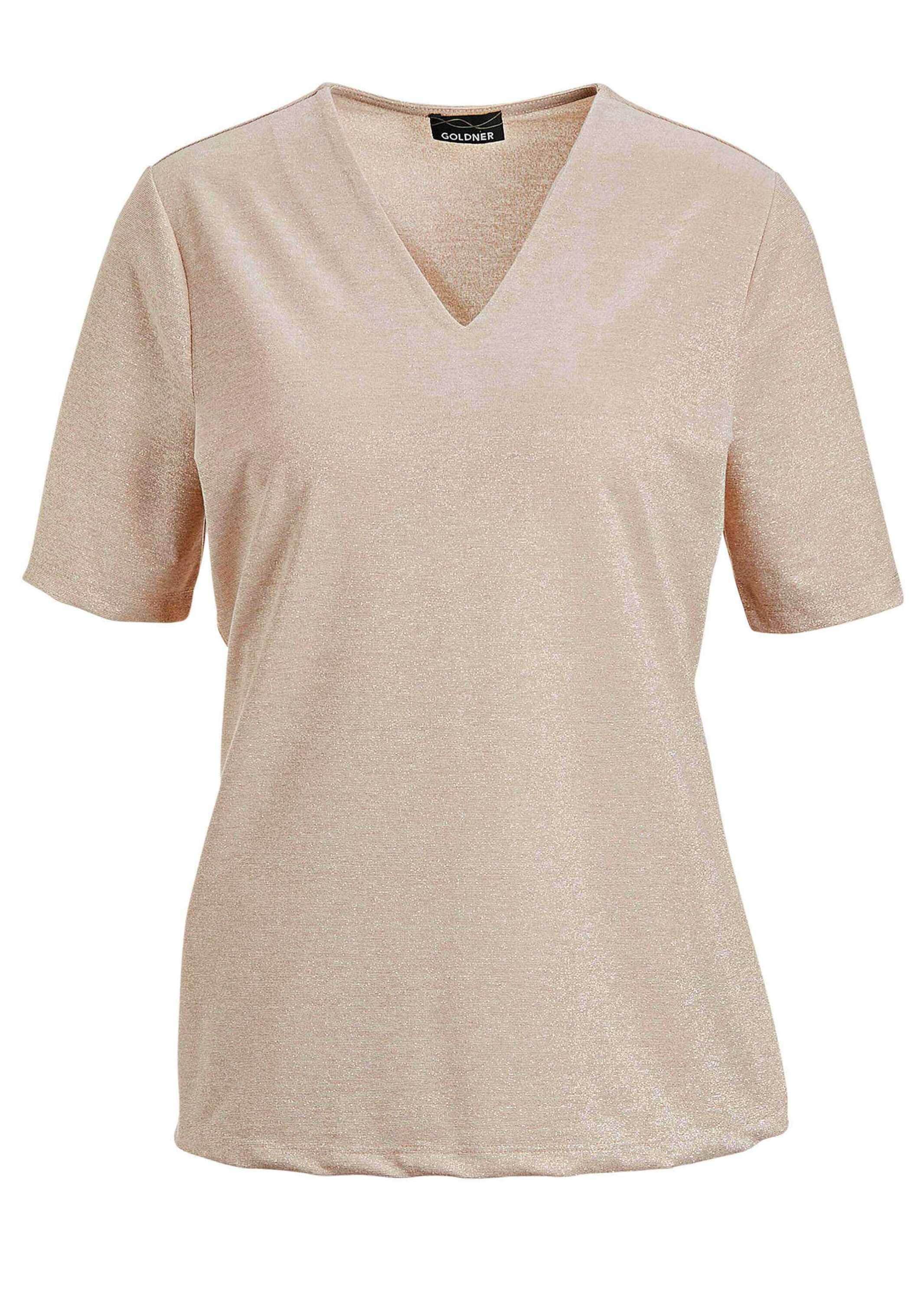 GOLDNER Kurzarmshirt »Braunes Halbarm-Shirt mit Glanzeffekt« Glanzgarn