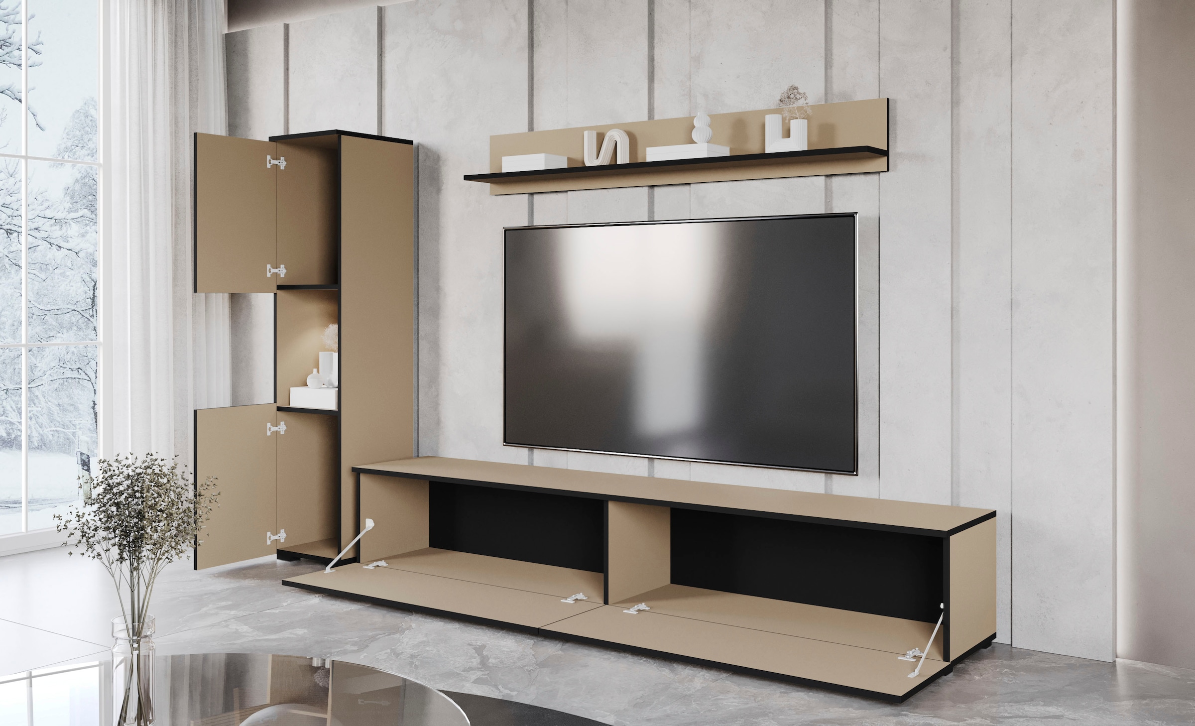 INOSIGN Wohnwand »PARIS«, (Komplett-Set, 3 St.), TV-Wand 220cm breite, grifflose Design, stehend und hängend montierbar