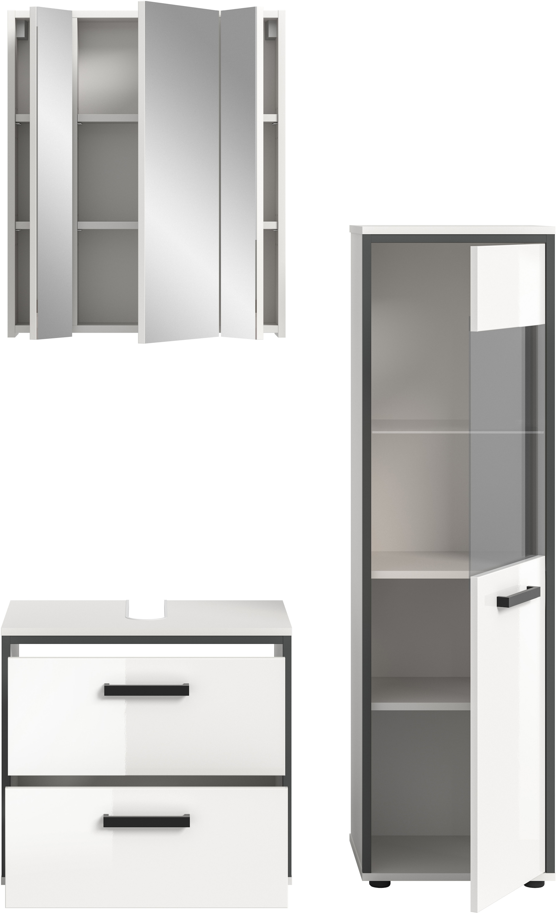 welltime Badmöbel-Set »KAJO, 3-tlg. Badkombination, weiß hochglanz« Set, Set, best. aus:1 Midischrank,1Spiegelschrank,1Waschbeckenunterschrank, 3 Stk. tlg.