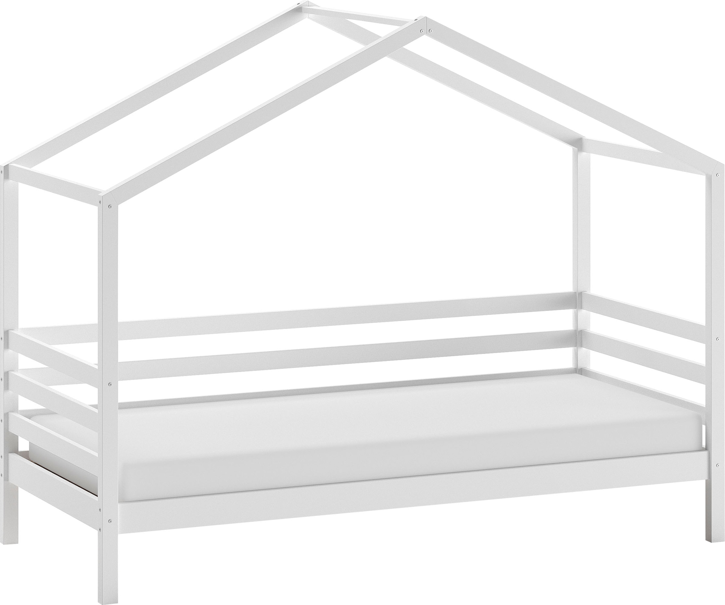 Home affaire Hausbett »Kiefer massiv weiß lackiert, inkl. Dachaufbau und Rolllattenrost«, (B/H/T ca. 210x170x96cm, stabil gebaut), inkl. seitlichem Umbau