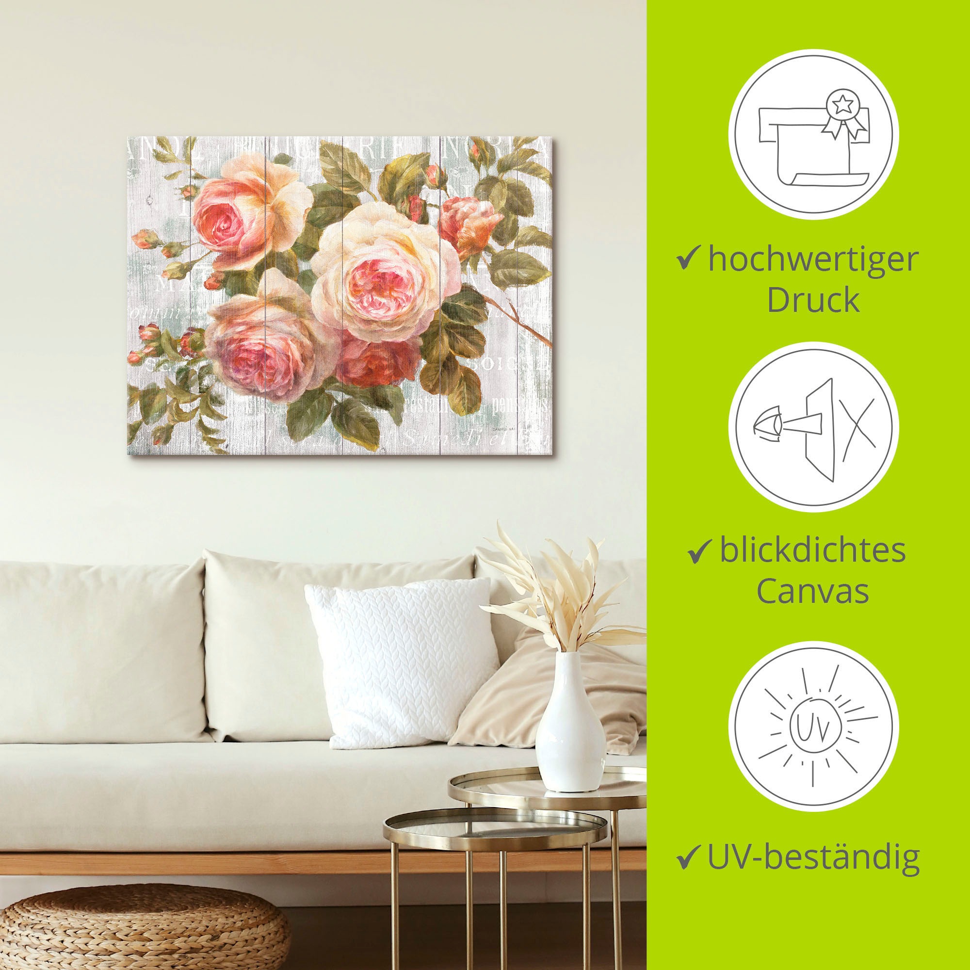 Artland Wandbild »Vintage Rosen auf Holz«, Blumen, (1 St.), als Leinwandbild, Poster, Wandaufkleber in verschied. Größen