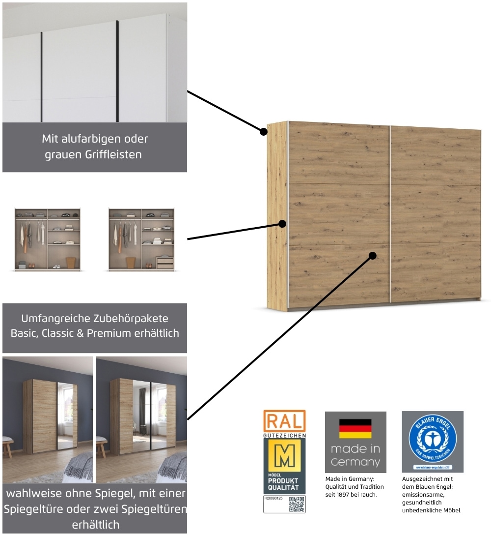 rauch Schwebetürenschrank »Kleiderschrank Drehtürenschrank Schrank Garderobe KRONACH« in 3 Ausstattungen BASIC/CLASSIC/PREMIUM, Breiten 131/175/218/261 cm,  optional ohne, mit 1 oder 2 Spiegel, viel Stauraum MADE IN GERMANY