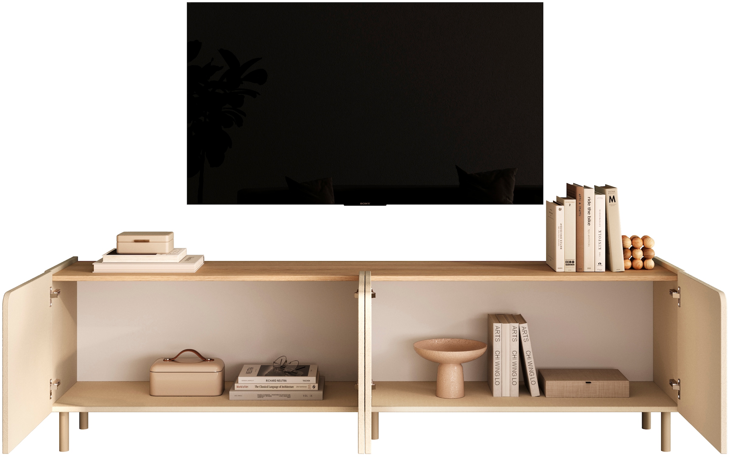 OTTO home Lowboard »Dobbiaco, 202 cm breit, 4 Türen, Mediaboard, TV-Schrank« Innenliegendes Top, gerade Metallfüße, Tür mit Rundung