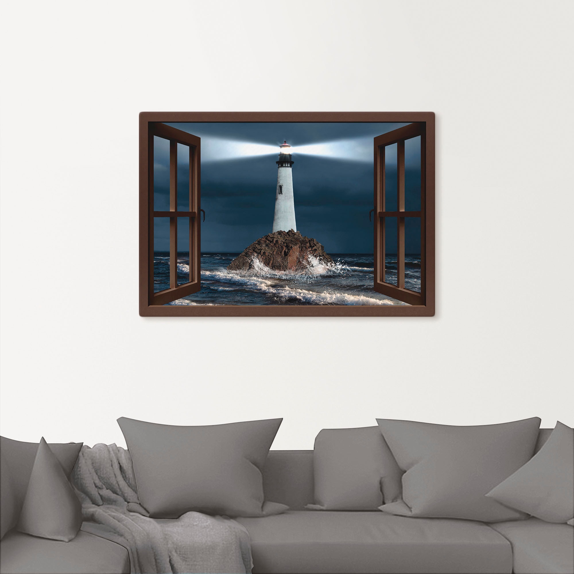 Artland Leinwandbild »Fensterblick Leuchtturm mit Lichtstrahl« Gebäude 1 Stk. tlg. auf Holzrahmen gespannt