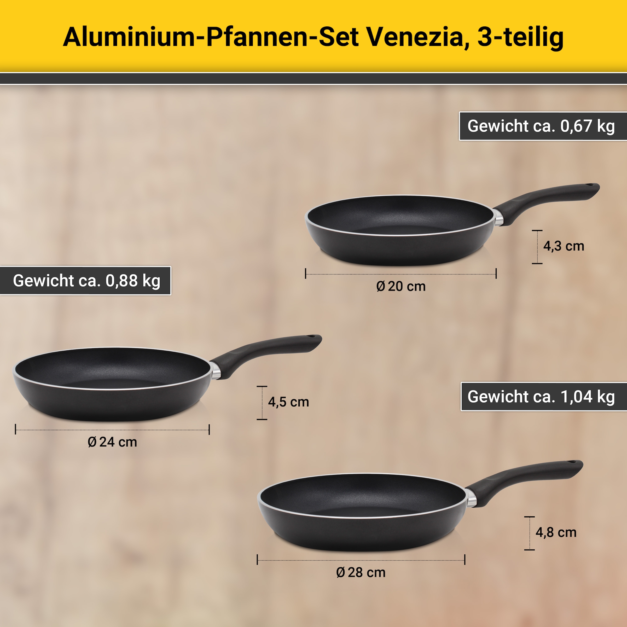 Krüger Pfannen-Set »Venezia« Aluminium Set, 3 Stk. tlg. Ø 20/28/28 cm, Induktion