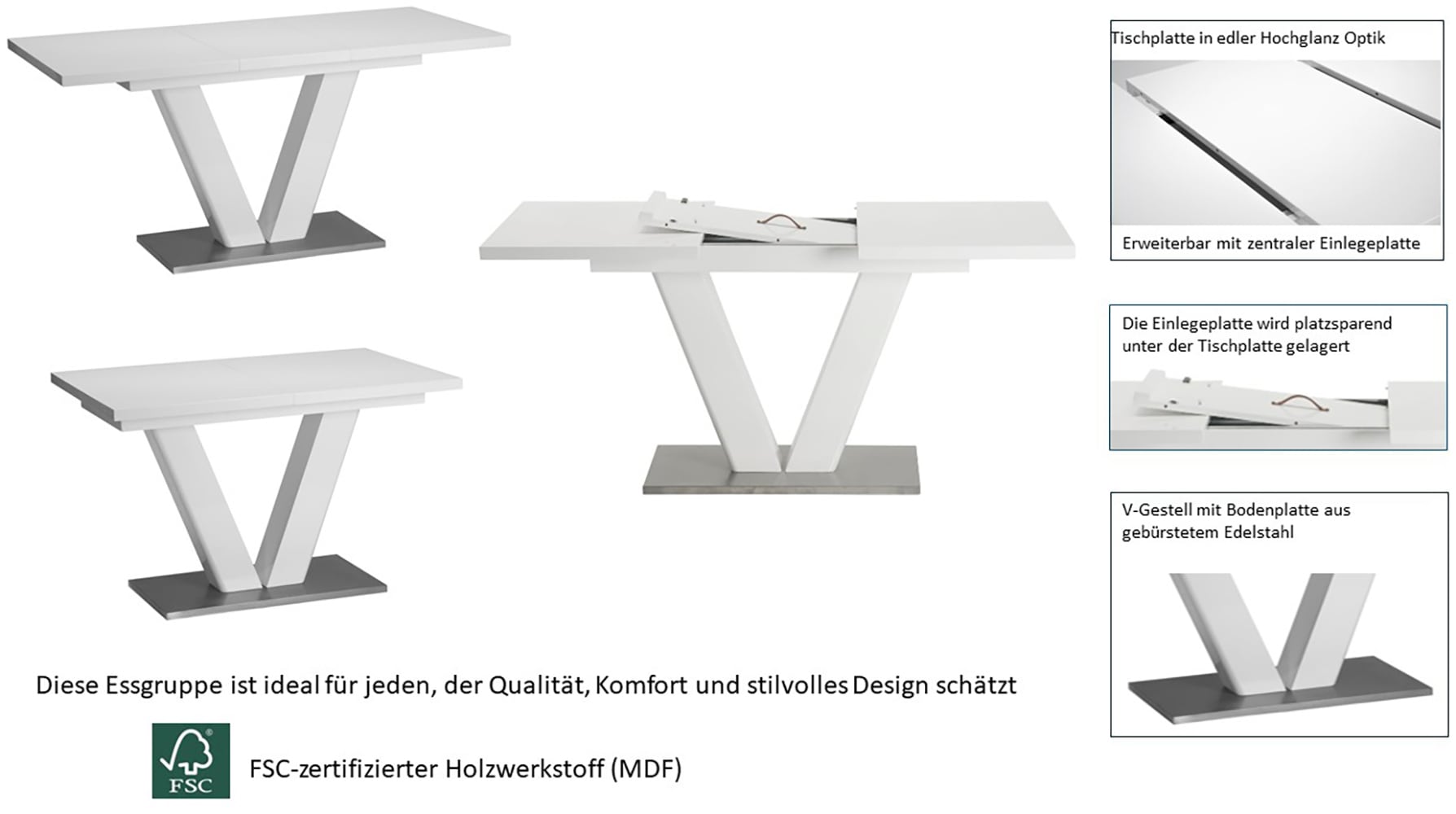 Home affaire Essgruppe »Elbach, TOPSELLER!, OTTOs Choice«, (Set, 5 tlg.), ausziehbar 120-160 cm, Hochglanz, Tischgruppe Freischwinger