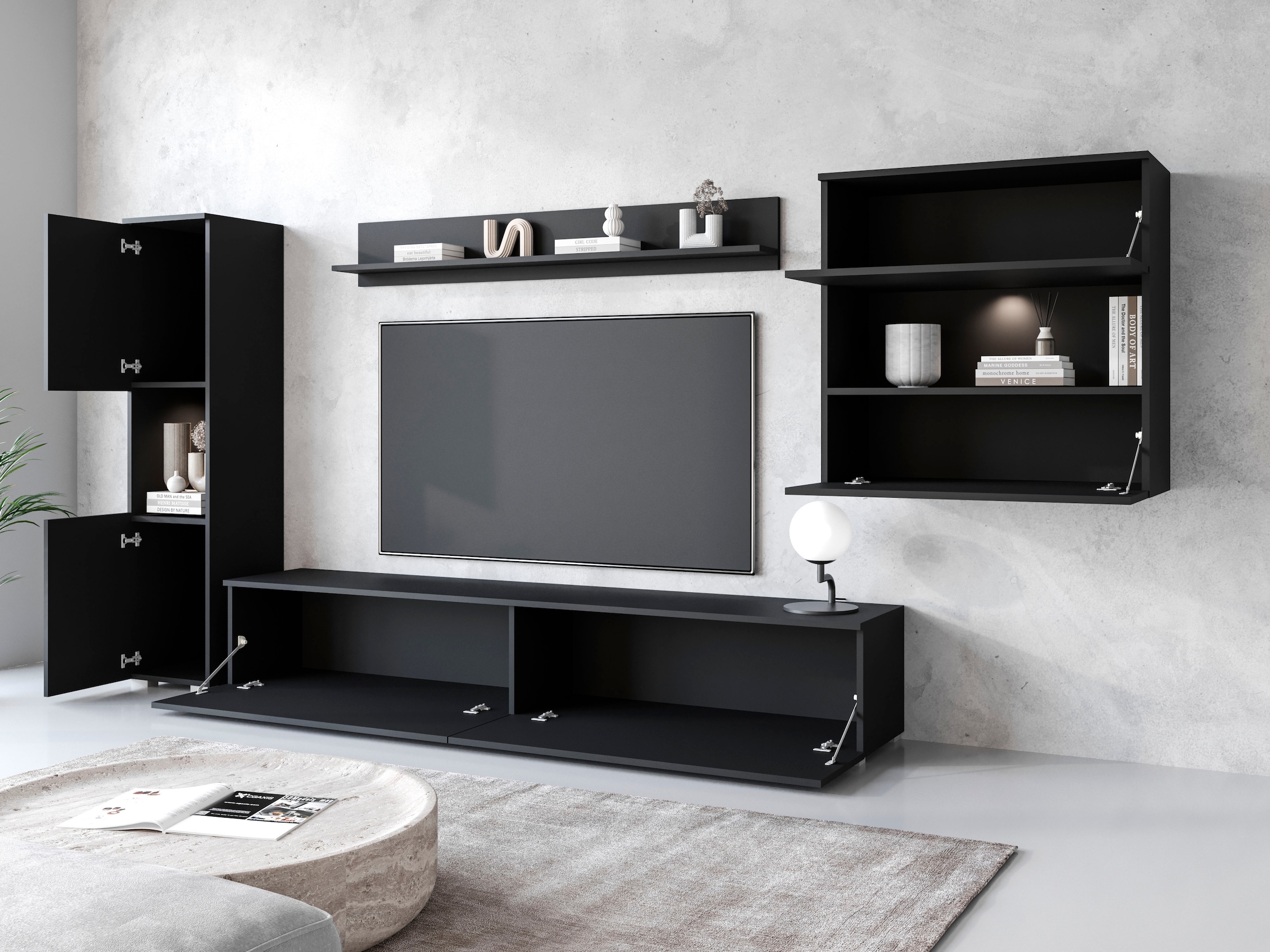 INOSIGN Wohnwand »PARIS, Vitrine Türanschlag links/rechts wechselbar«, (Komplett-Set, 4 St.), grifflose Design, stehend und hängend montierbar