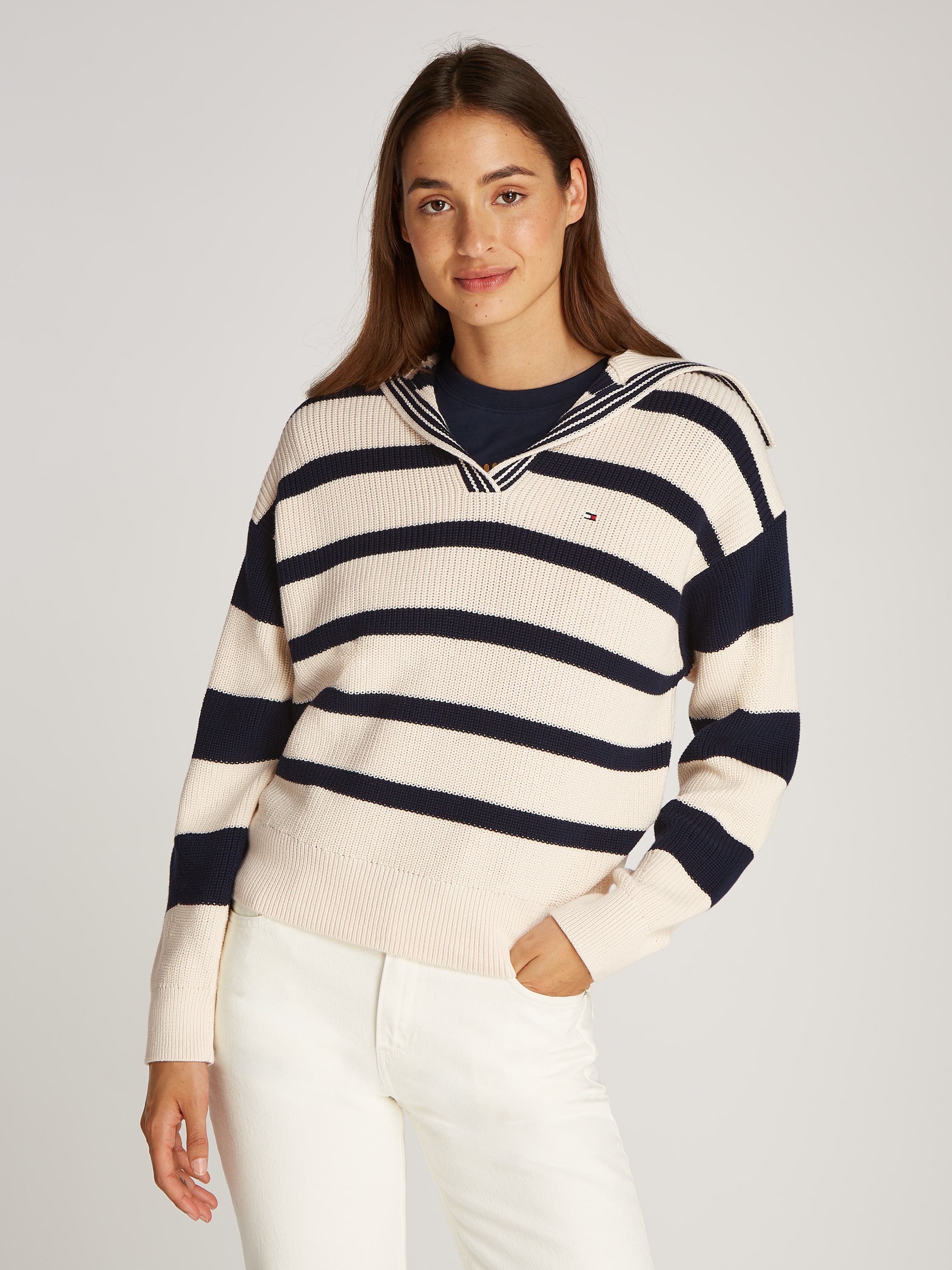 TOMMY HILFIGER Polokragenpullover »CO CARDI STITCH OPEN POLO SWT LS«, mit Perlfangmuster, Polokragen,...