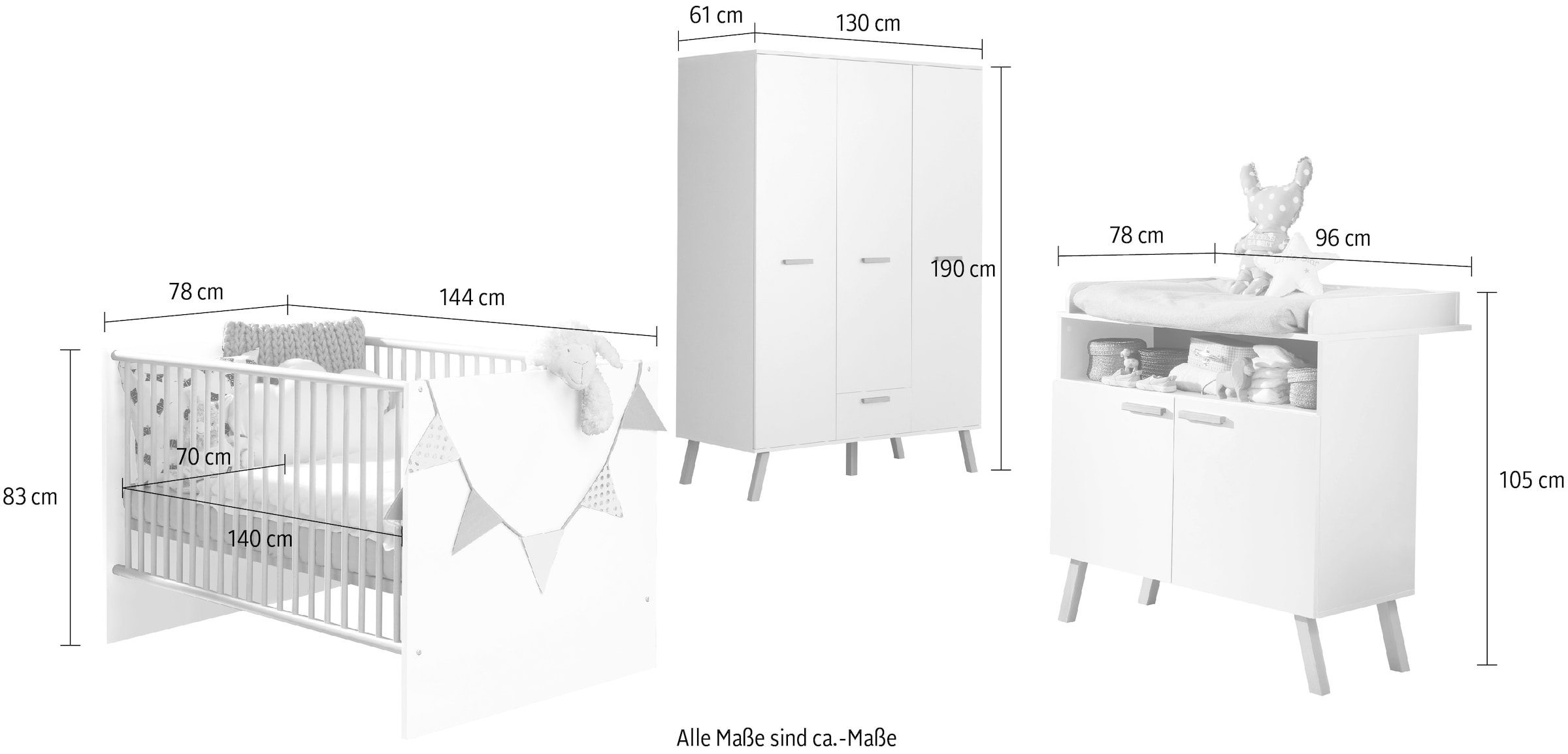 trendteam Babymöbel-Set »Mats«, (Set, 3 tlg., Bett, Wickelkommode, Schrank)