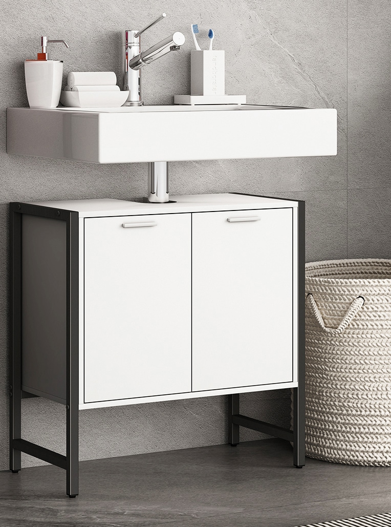 VCM Waschbeckenunterschrank »VCM Waschbeckenunterschrank | Badschrank | Maße: H. 60 x B. 60 x T. 30 cm | 2 Seitenteile aus Metall | Korpus aus Holz | 2 große Drehtüren - Edino«, (1 St.)