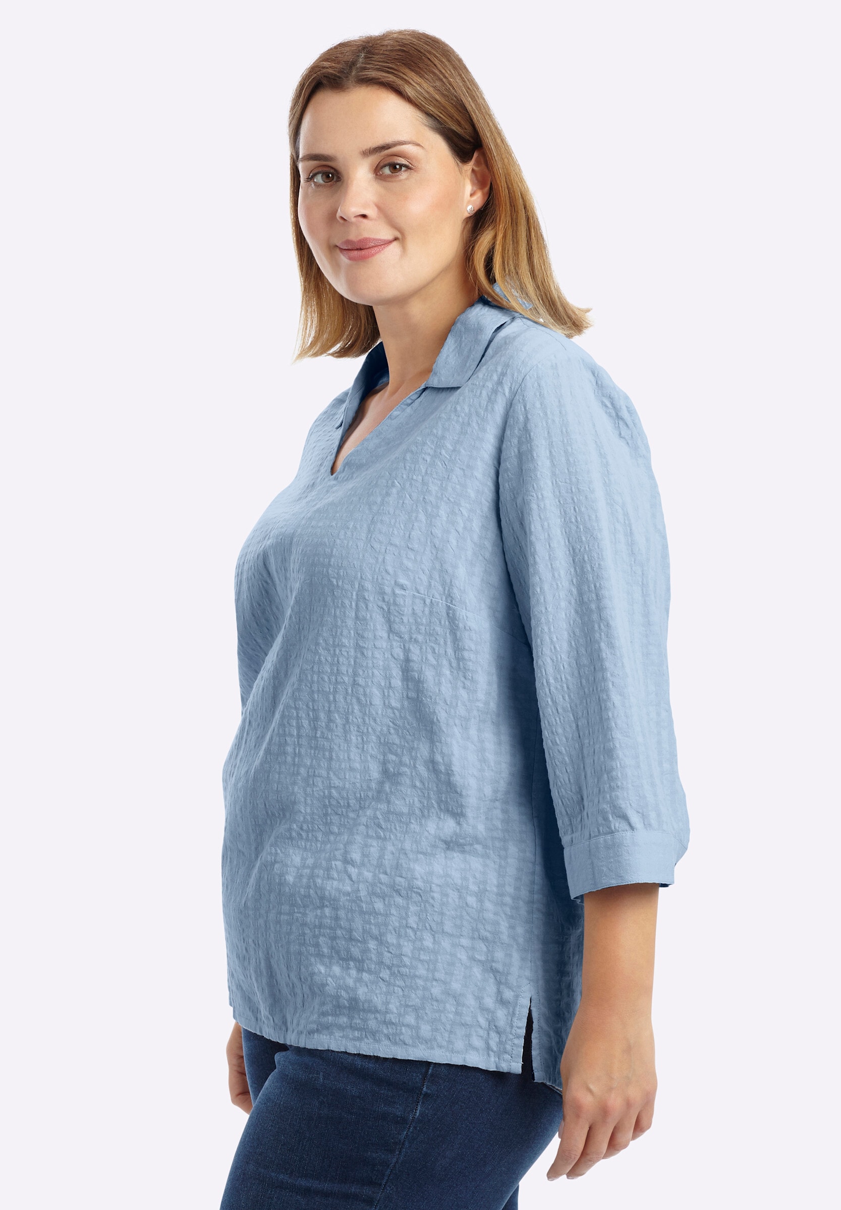 Sheego Longbluse »Tunika Tunika mit Hemdkragen, in Seersucker-Qualität«