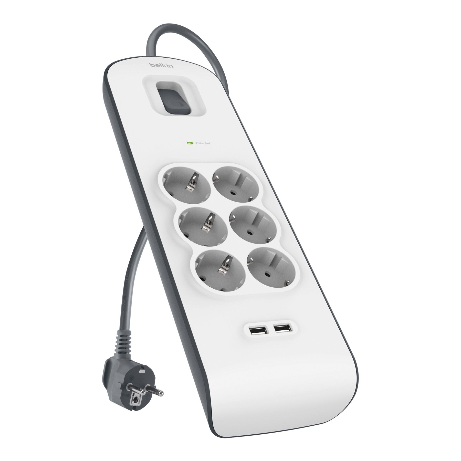 Belkin Steckdosenleiste "6fach-Steckdosenleiste mit Überspannungsschutz, 2-m-Kabel und USB-A" 6-fach (Ein- / Ausschalter Kabellänge 2 m) 2