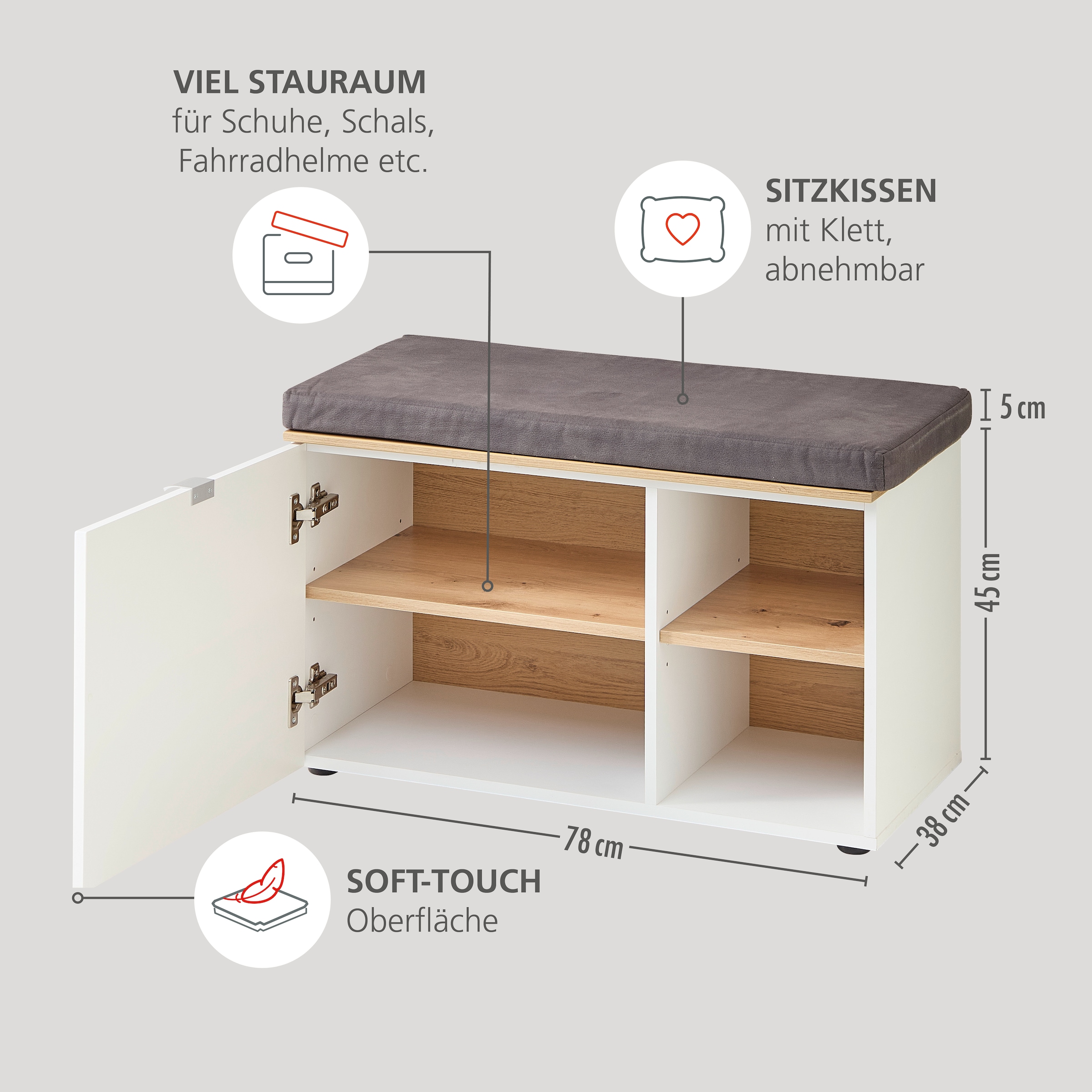 Innostyle Schuhschrank »Bari Schuhbank inkl. Sitzkissen, BxHxT 78x50x38 cm«, (1 St.), 1 türig, 4 Fächer, Softclose, ABS Kantenschutz