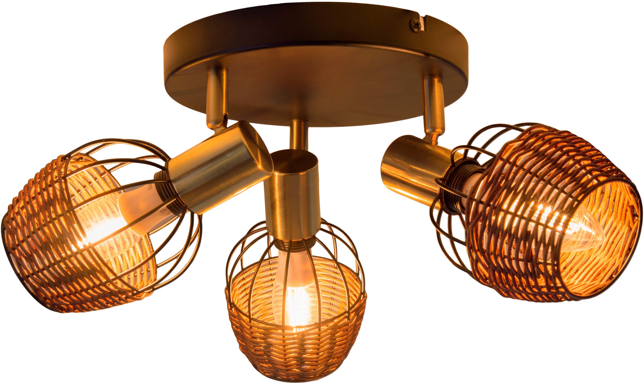 näve Deckenspots »Corbis«, 3 flammig, Leuchtmittel E14 | ohne Leuchtmittel, 3 Spots excl. E14 max. 40W schwarz/natur/gold D: 38cm mit Rattan