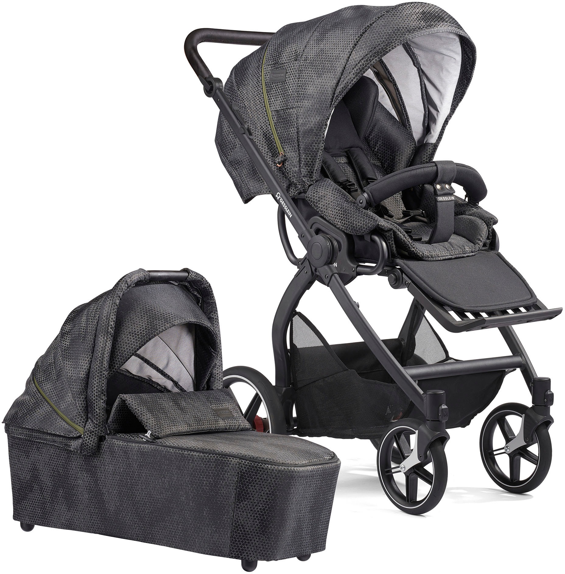 Gesslein Kombi-Kinderwagen »FX4 Soft+ mit Aufsatz Classic schwarz/schwarz, schwarzgrau«, mit Babywanne Cx3 und Babyschalenadapter
