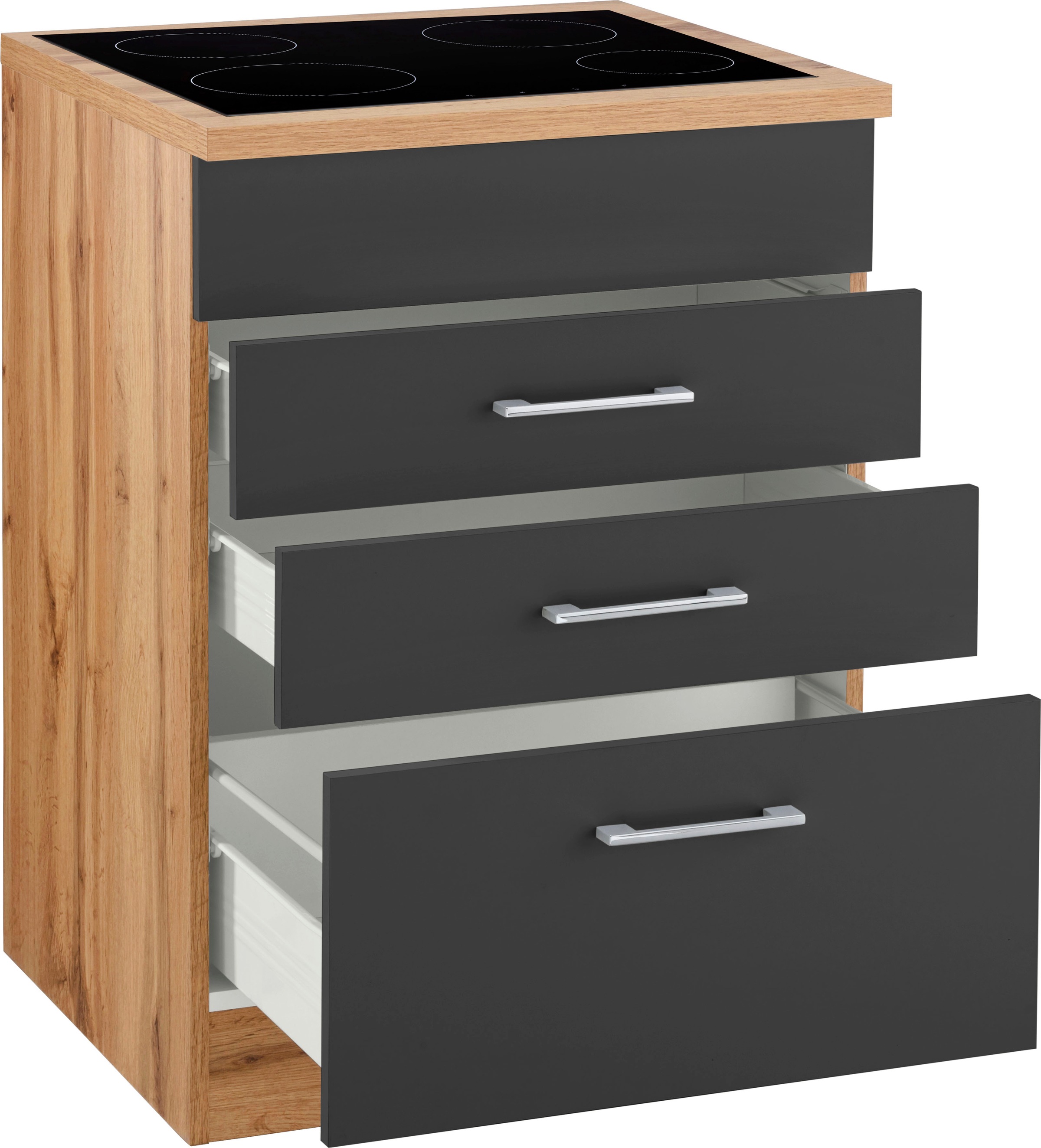 KOCHSTATION Kochfeldumbauschrank »KS-Colmar« 60 cm, mit Metallgriff, 2 Schubkästen und 1 Auszug