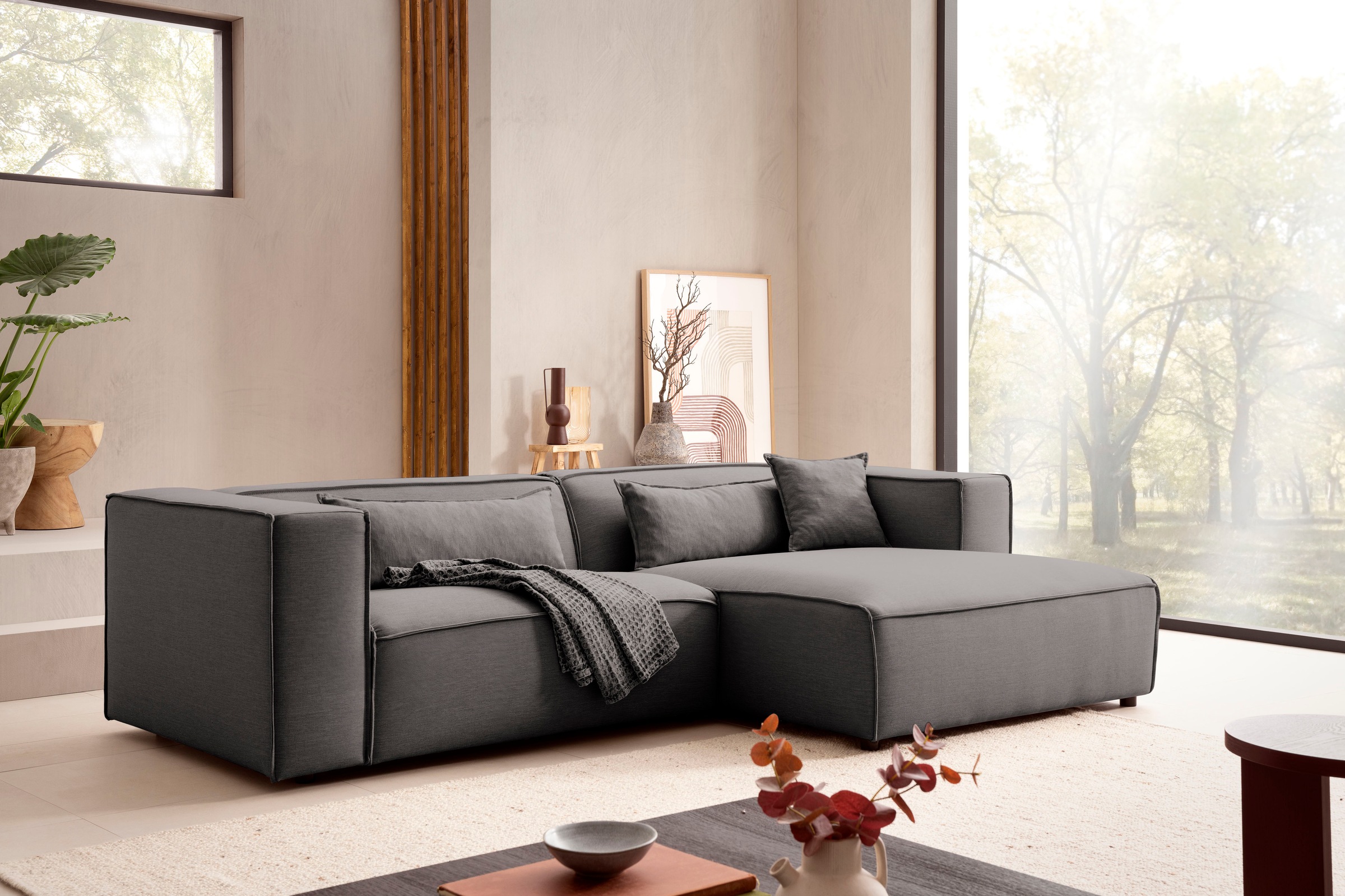 LeGer Home by Lena Gercke Ecksofa »PIARA mit Kedernaht in Cord oder Leinenoptik, moderne Couch in L-Form«, wahlweise Ottomane rechts/links, schwarze Füße, bequemer Sitzkomfort