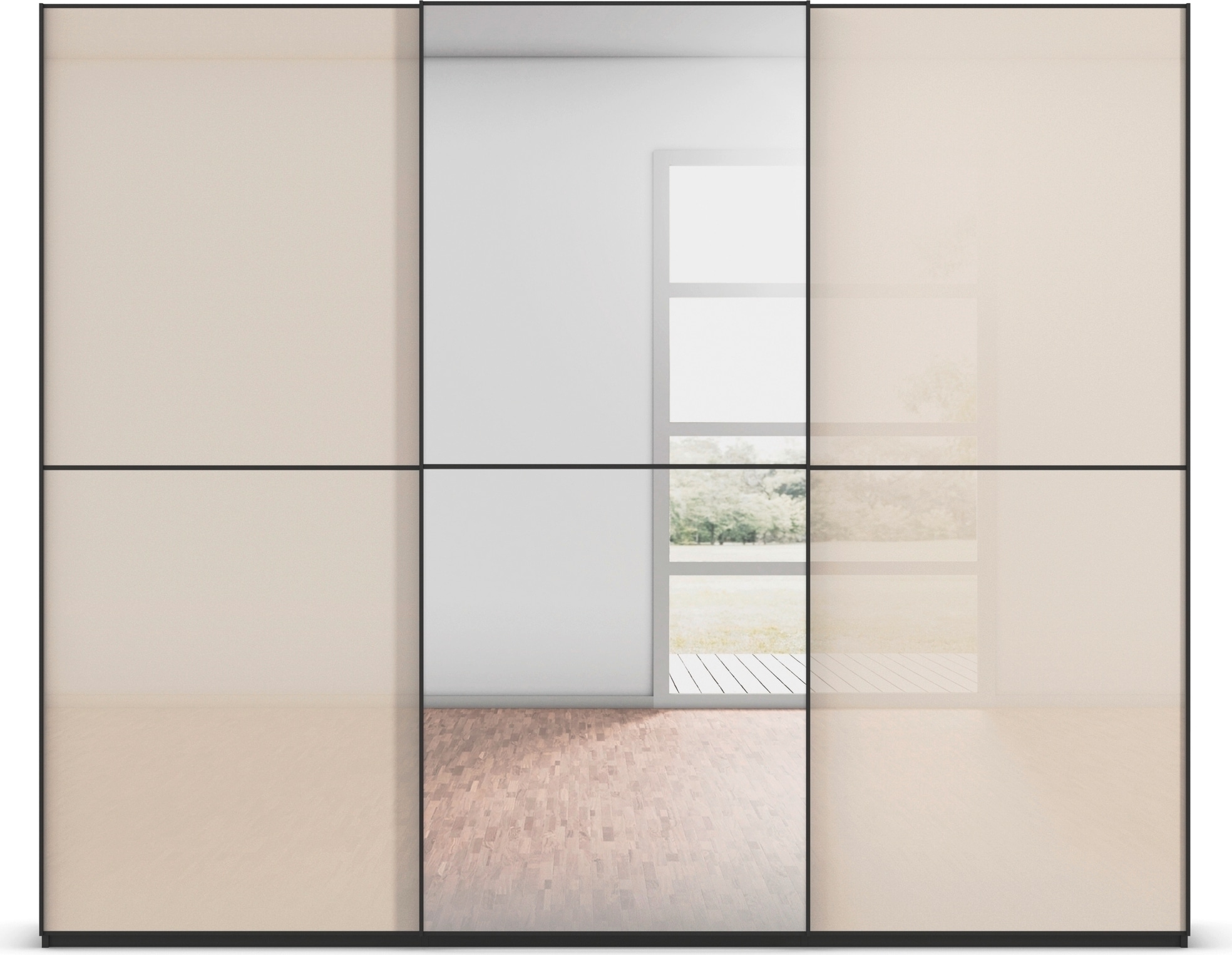 rauch Schwebetürenschrank »Kleiderschrank Schrank Garderobe Schlafzimmerschrank SCALE-DUO«, edle zweigeteilte Türen Spiegel/Glas-Mix 3 Zierleisten MADE IN GERMANY