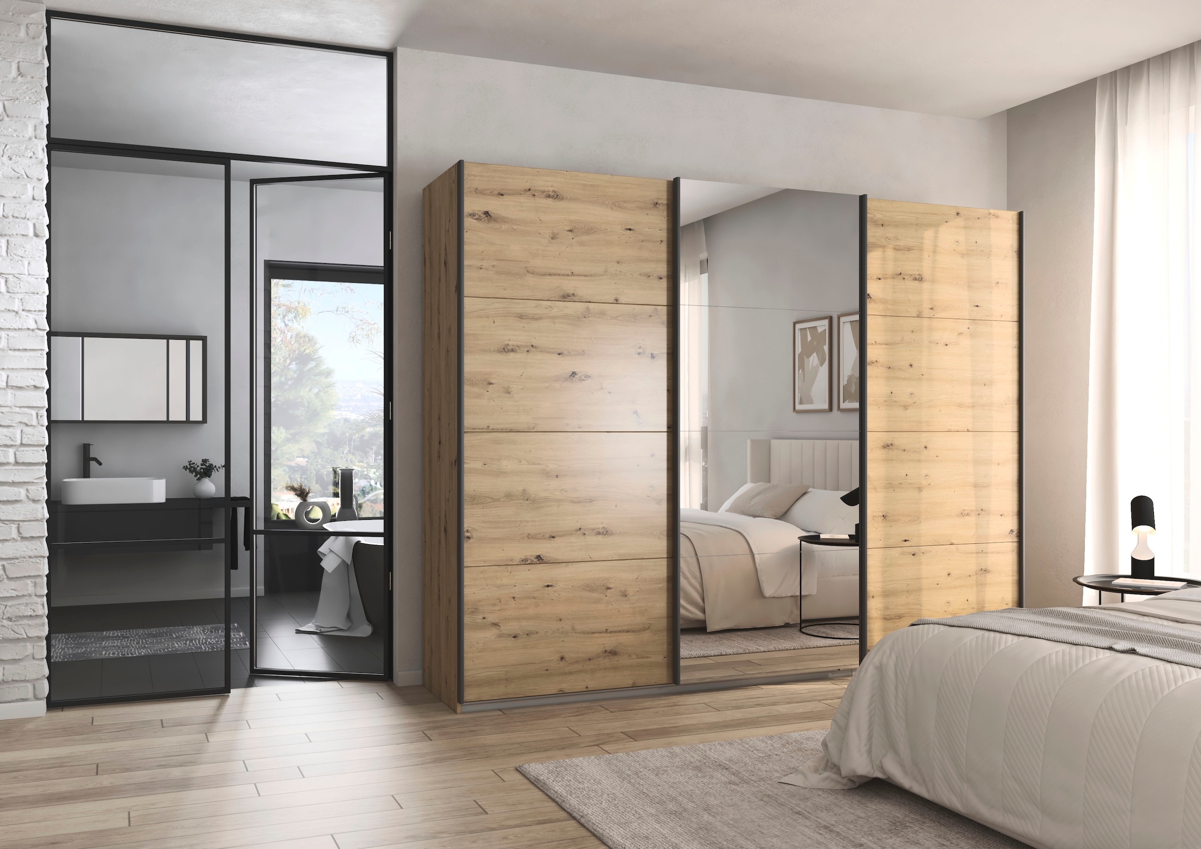 rauch Schwebetürenschrank »Kleiderschrank Schrank Garderobe AGORDO«, (in zwei Griff-Farben), Top Innenausstattung, in 4 Breiten und 2 Höhen MADE IN GERMANY