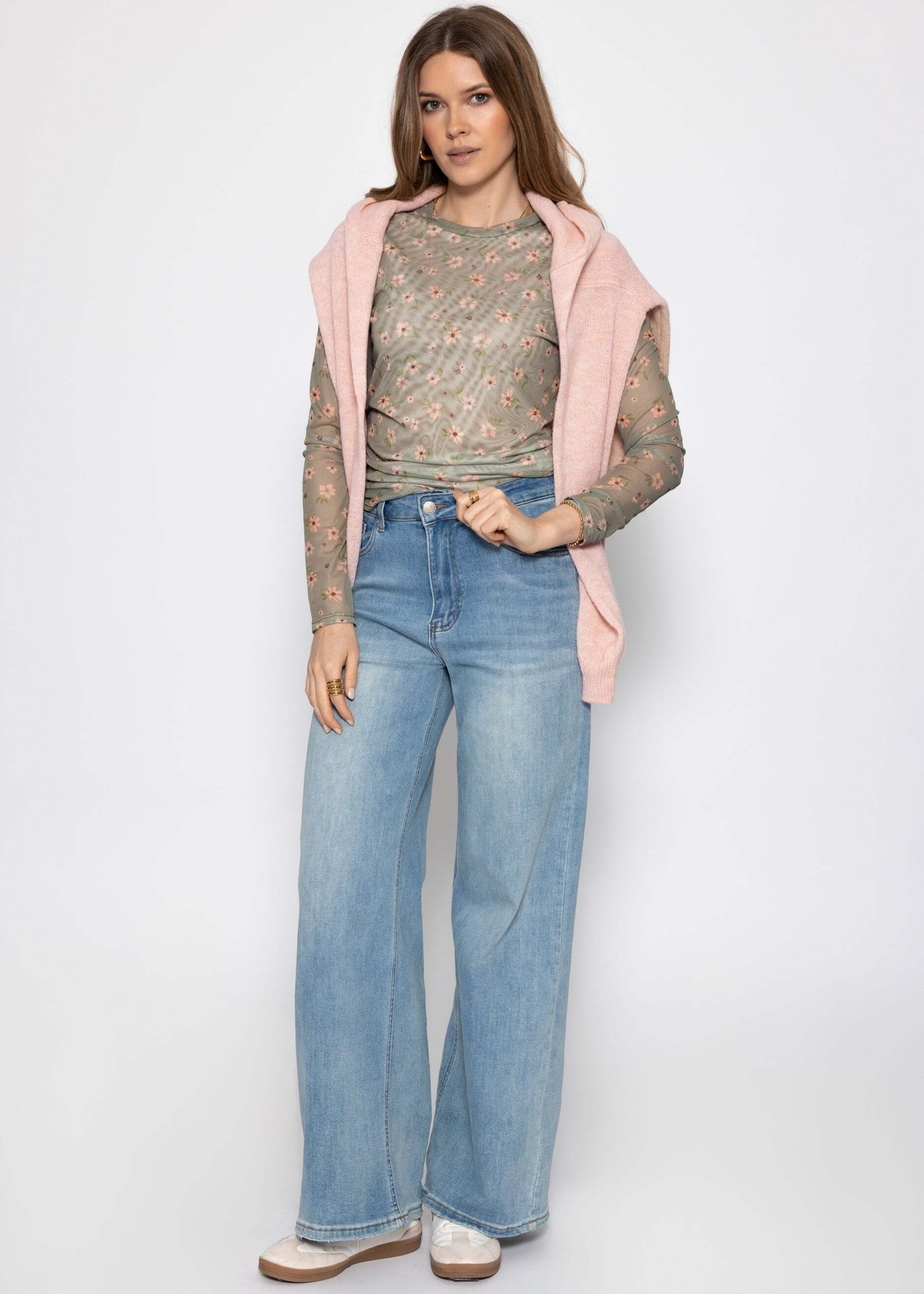 SASSYCLASSY Langarmshirt »Mesh Langarmshirt mit Blumen-Print« Vespieltes Shirt mit gefütterter Vorderseite und Rundhalsausschnitt