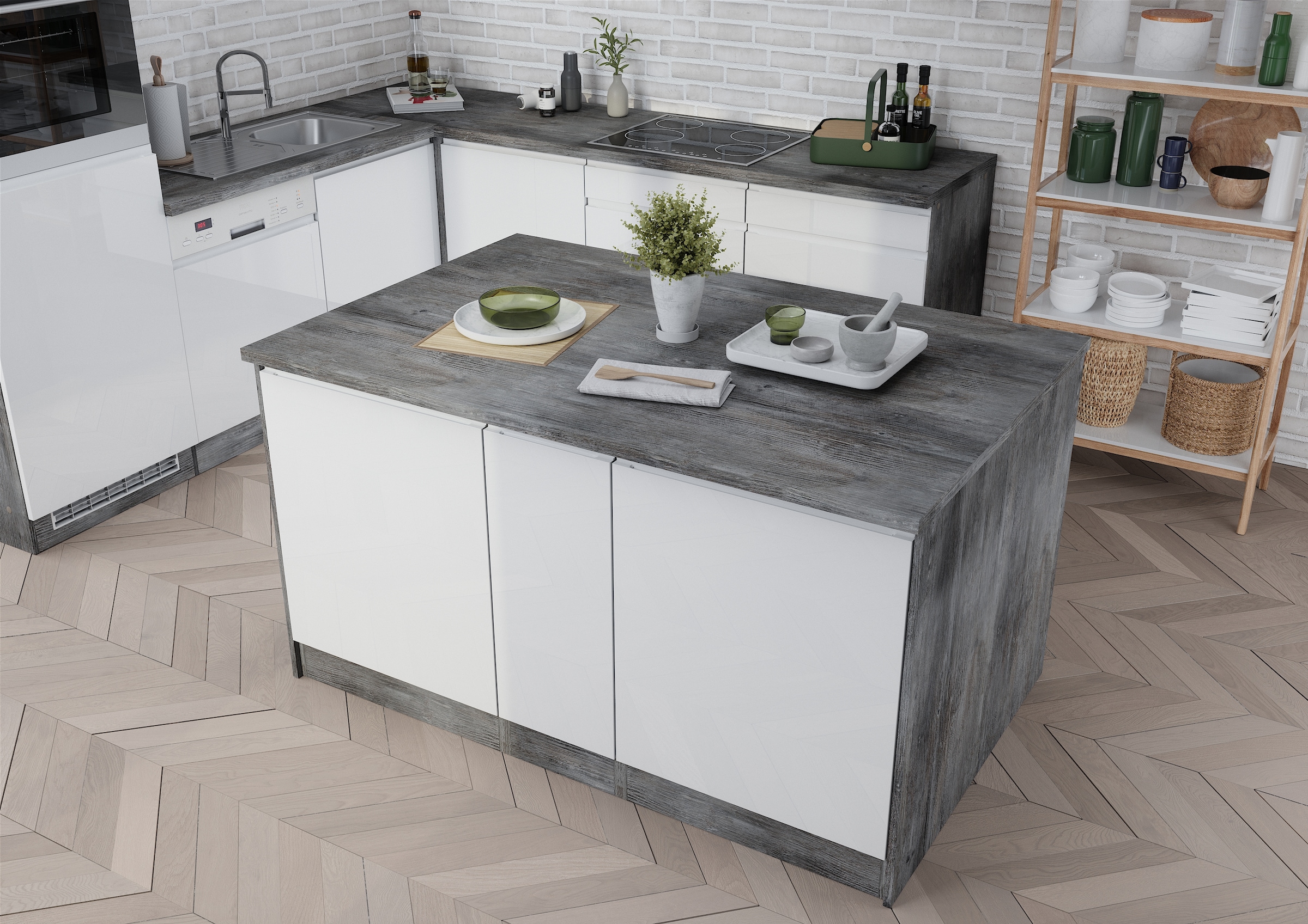 KOCHSTATION Kücheninsel »KS-Virginia«, Breite 153 cm, MDF-Fronten, Flaschenregal