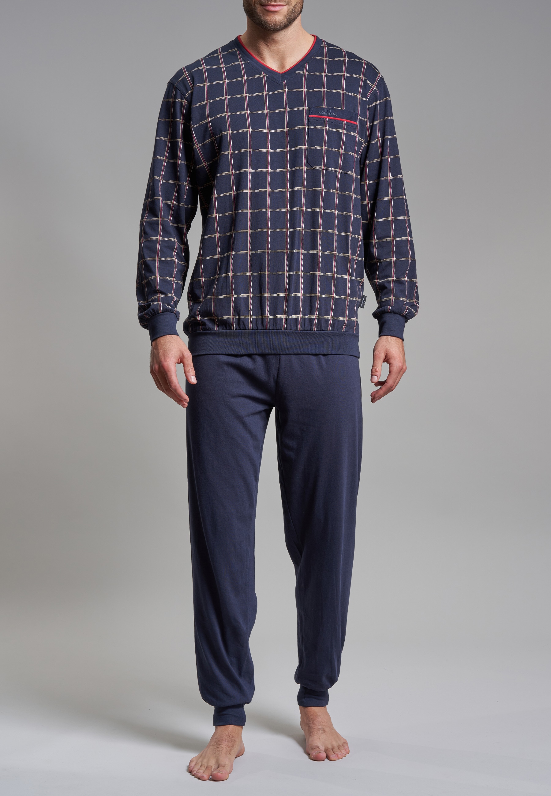 GÖTZBURG Pyjama »Bronx« 2 Stk. tlg., Langarm, V-Ausschnitt, lange Hose, Baumwolle, mit Muster