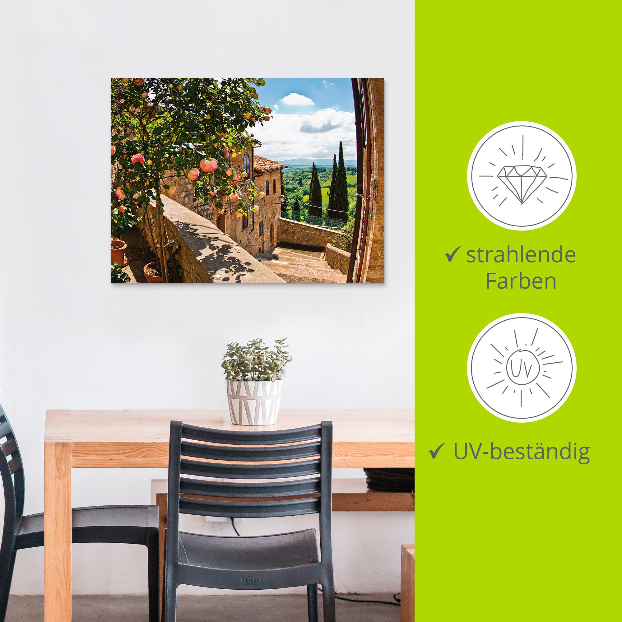 Artland Wandbild »Rosen auf Balkon Toskanalandschaft«, Garten, (1 St.), als Alubild, Outdoorbild, Leinwandbild, Poster, Wandaufkleber