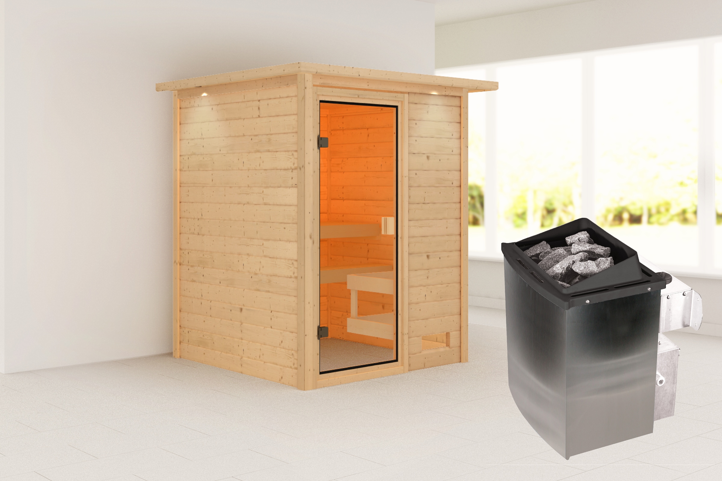 Karibu Sauna »"Sandy" mit bronzierter Tür und Kranz, Ofen 9 kW, naturbelassen« aus hochwertiger nordischer Fichte und 9 kW Ofen mit integr. Steuerung