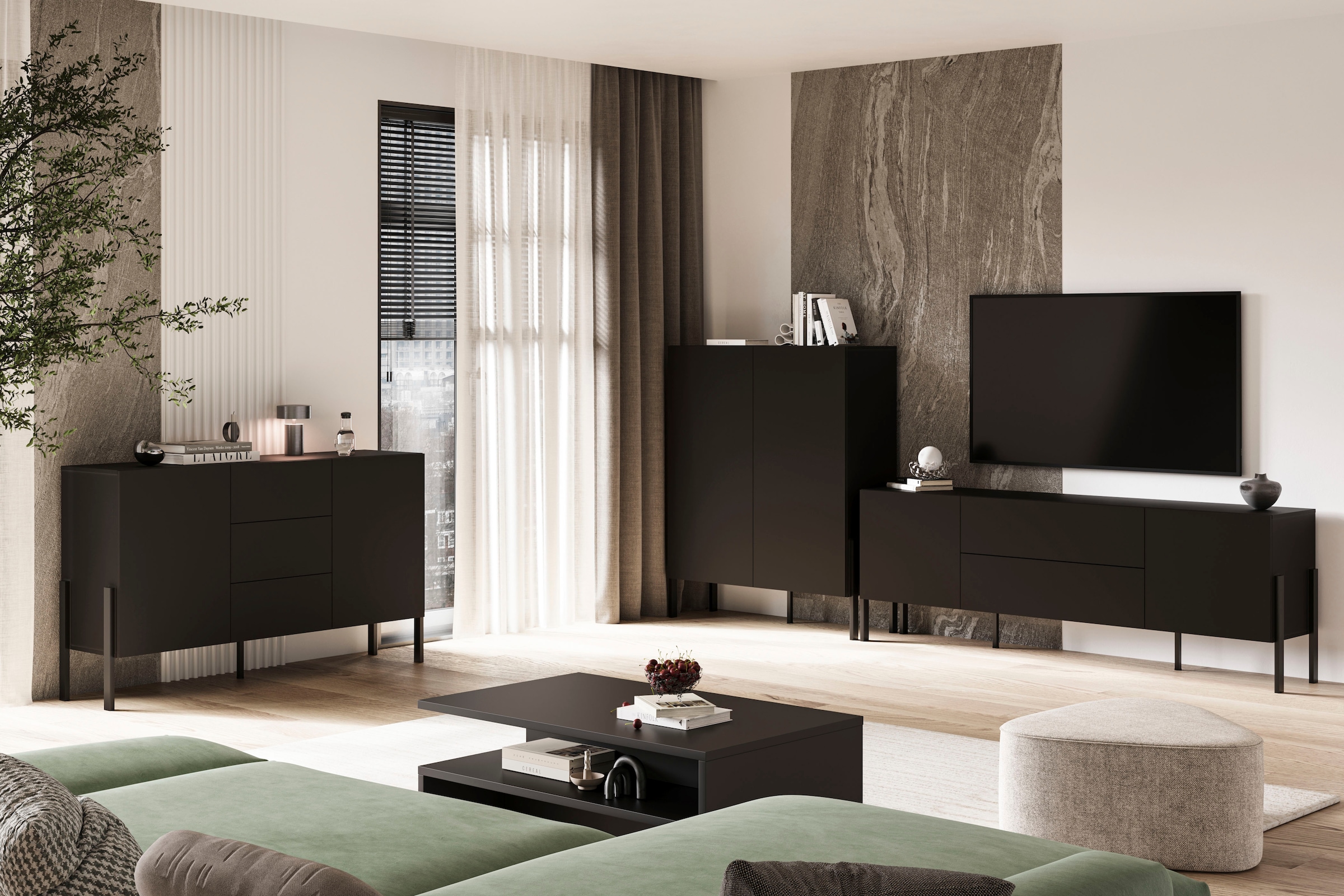 OTTO home Sideboard »Jukon, Breite 150 bzw.180 cm, moderne grifflose Kommode« Schubladenschrank 2 Türen/3 Schubkästen, push-to-open-Funktion