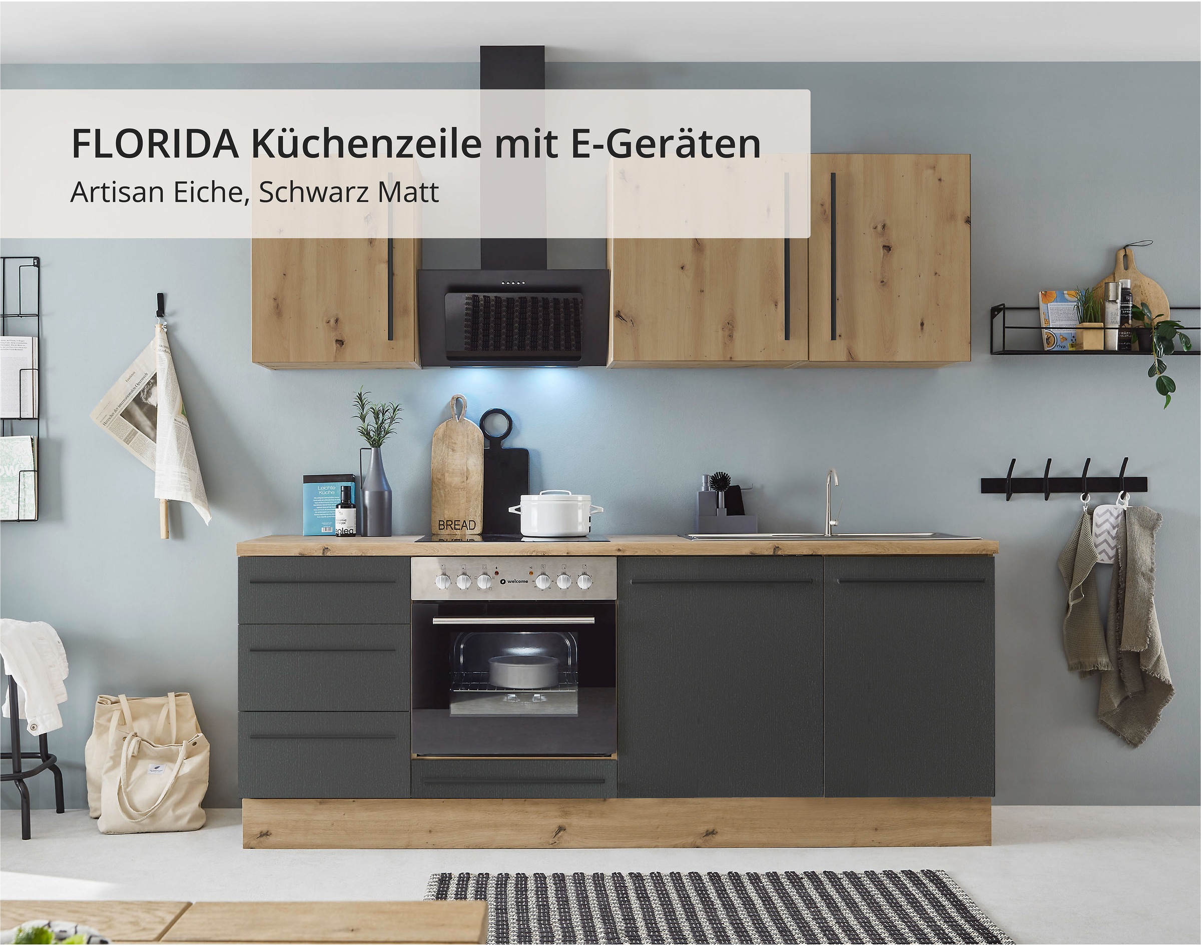 KOCHSTATION Küchenzeile »KS-Florida mit 38mm starker Arbeitsplatte«, Breite 220 cm, wahlweise mit E-Geräten, Soft-Close-Funktion