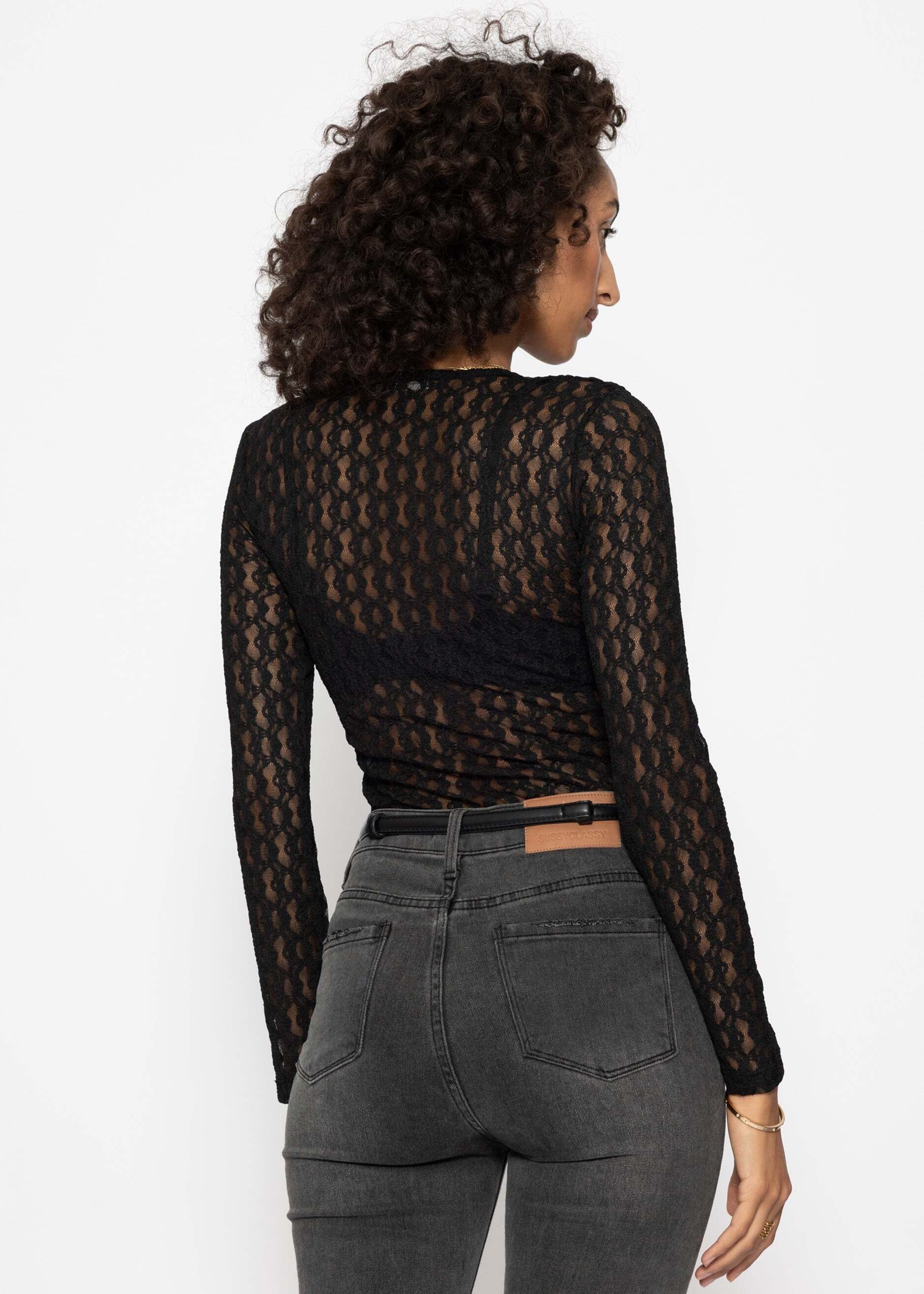 SASSYCLASSY Langarmbody »Spitzenbody mit V-Ausschnitt« Figurbetonter Body mit langen Ärmeln und Druckknopfverschluss Schwarz