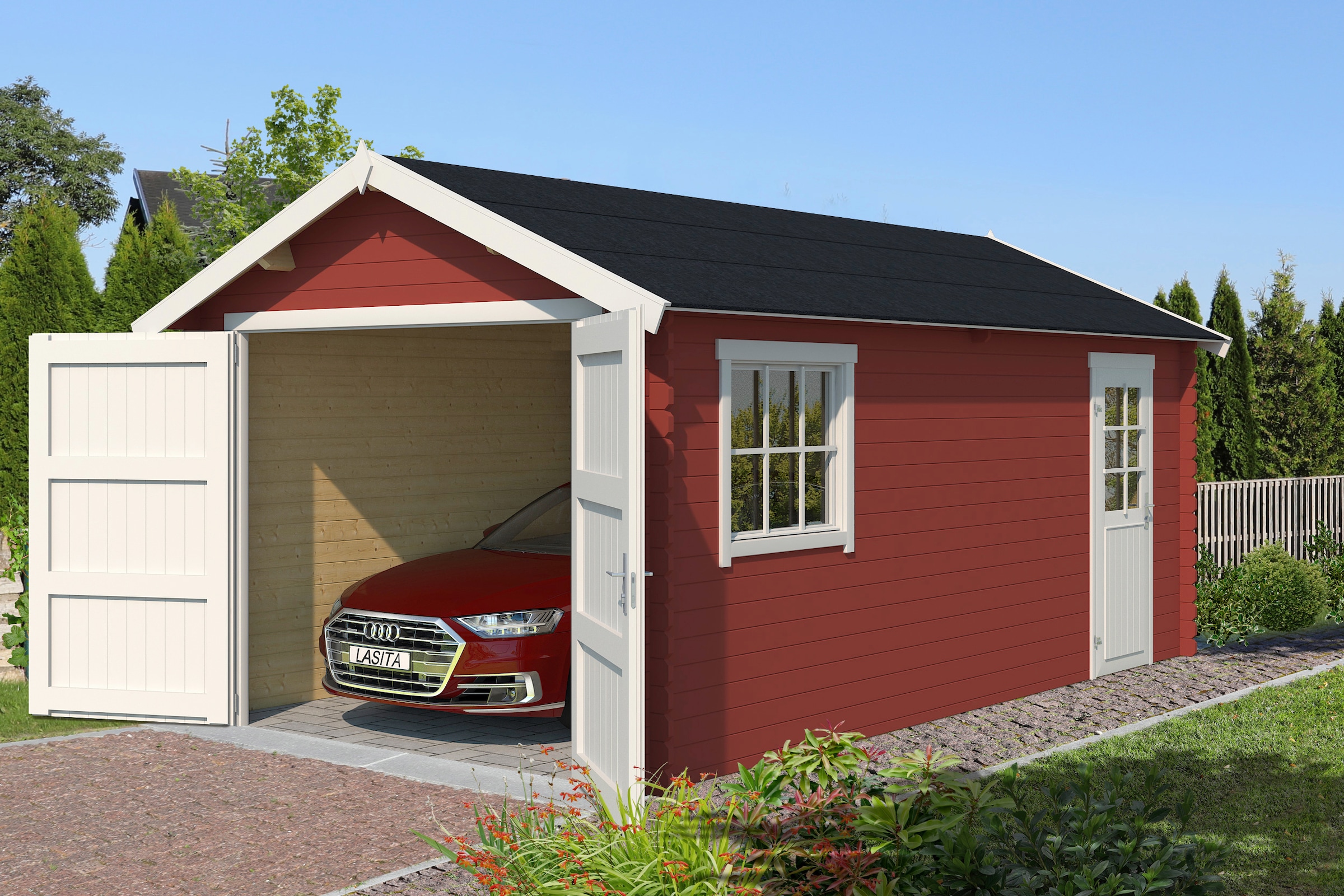 LASITA MAJA Garage »Dillon«, Blochbohlengarage 34mm, Fundamentmass 3000x5400, Schwedenrot