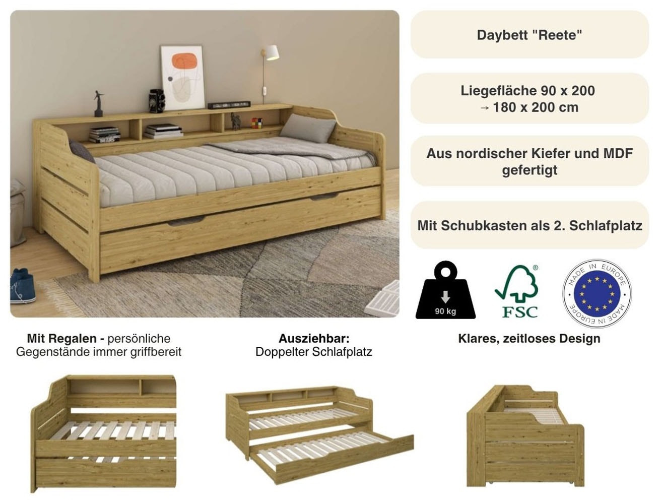 Home affaire Daybett »"REETE1", Stauraum, Funktionsbett, Kinderbett, inklusive Schubkasten« 90x200cm, 2 Schlafplätze,  mit Regalen, FSC® zertifiziertes Massivholz (Kiefer), Landhausstil