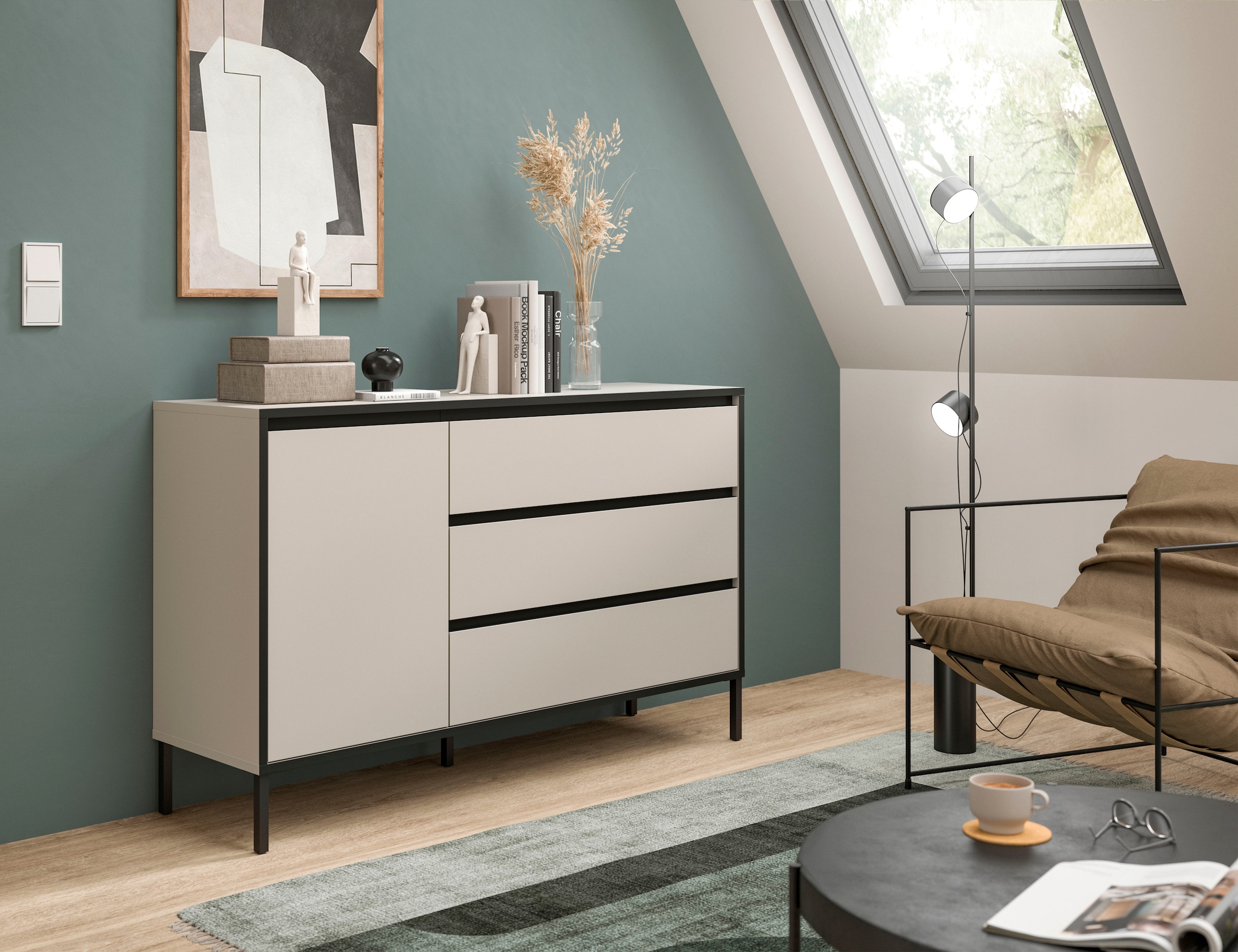 INOSIGN Sideboard »NORT, Breite: 136cm, mit Metall Stabfuß, 1 Tür, 3 Schubkästen« Anrichte, Kommode, Schrank, Board, Higboard