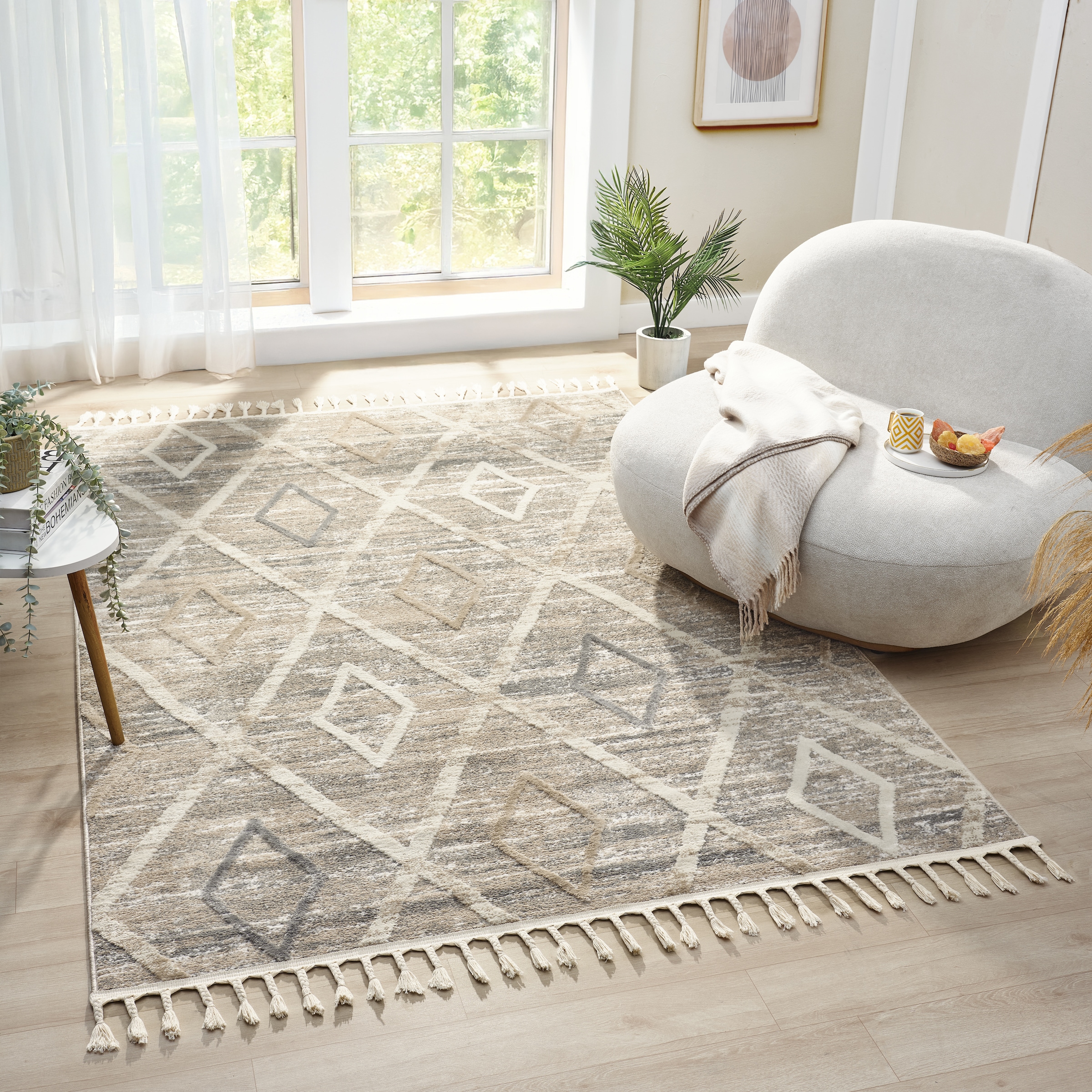 OTTO home Teppich »Otilie« rechteckig 11 mm Höhe dichte Qualität, Woll-Look, Boho, mit Fransen und Rauten, Scandi
