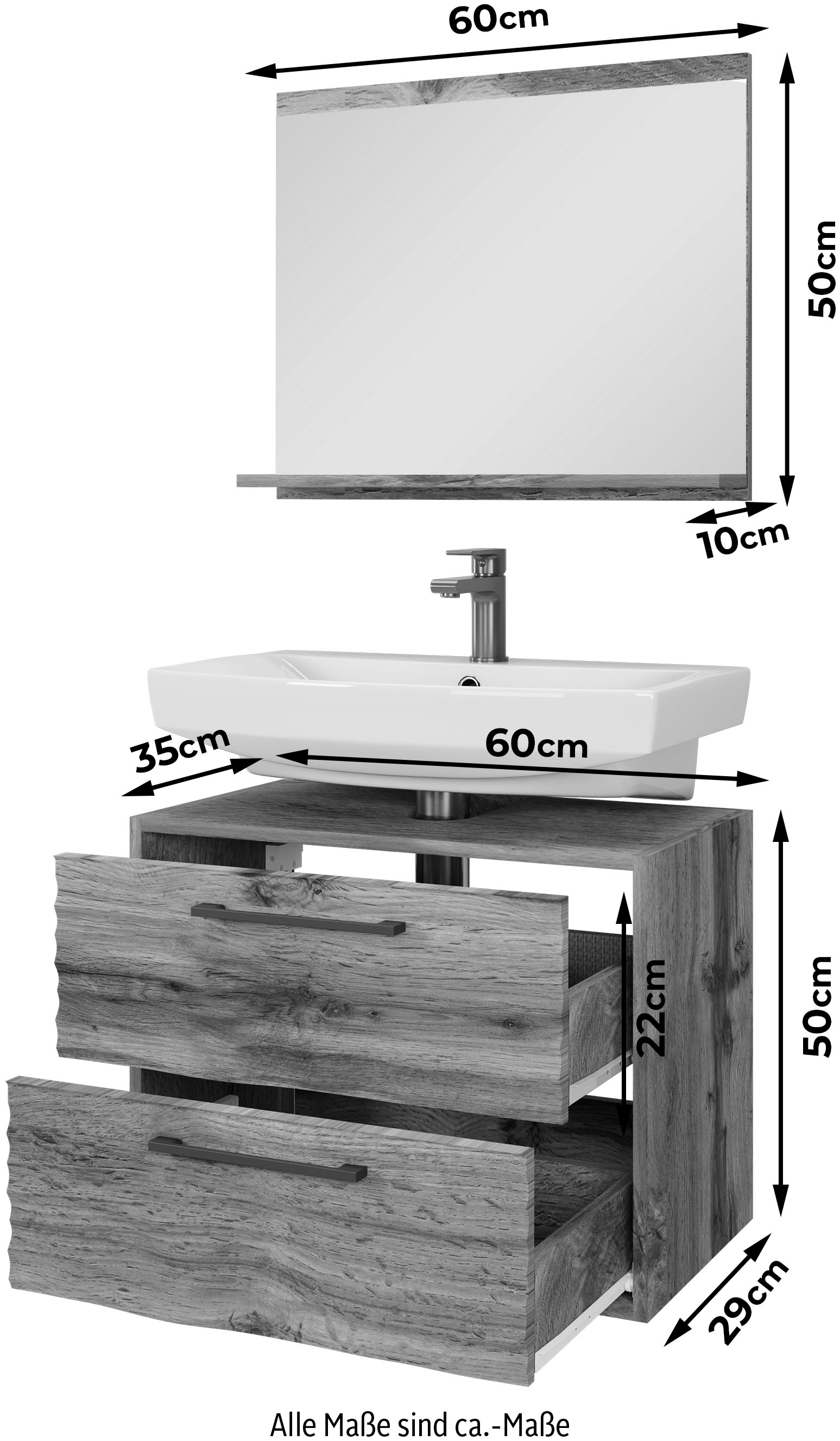 welltime Badmöbel-Set »Canada«, (Komplett-Set, 2 St., Fronten mit Wellenstruktur), Badmöbel mit Soft-Close-Funktion, Waschbeckenunterschrank und Spiegel