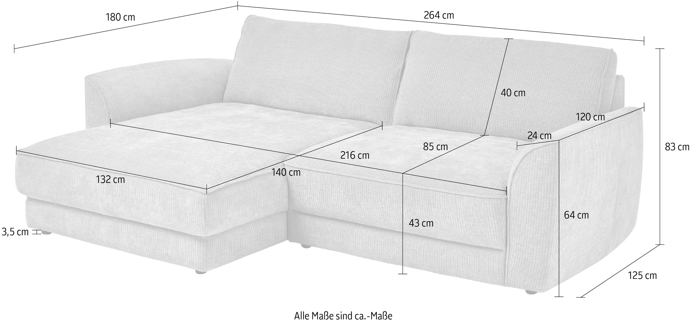 Die PlanBar Ecksofa »ZE-EM24138 L-Form, 264 cm breit, Softsitz-Couch Polsterecke« Kaltschaumpolsterung, optional mit Sitztiefenverstellung