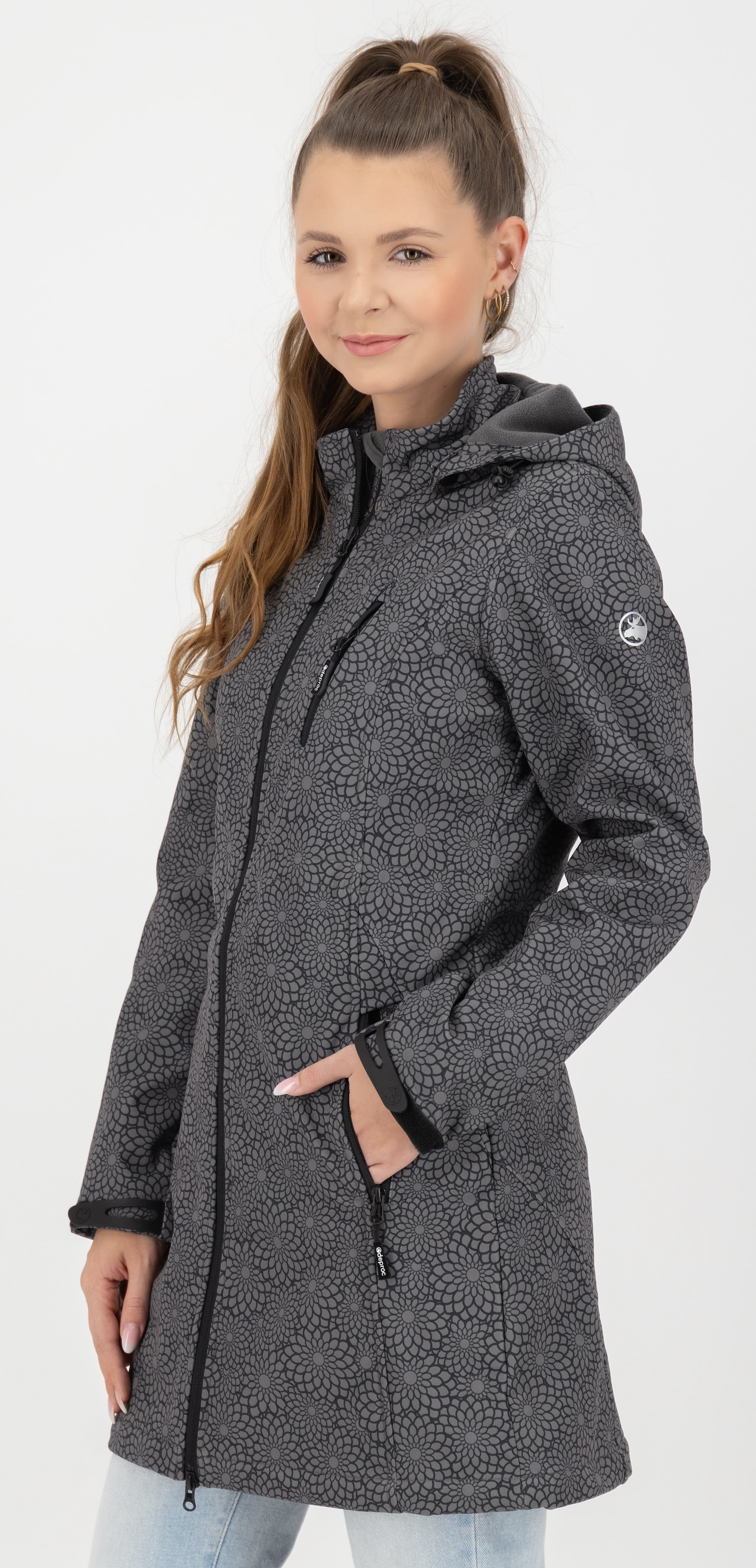 DEPROC Active Softshelljacke »SHELBY LONG«, leichter Softshell Kurzmantel mit abnehmbarer Kapuze