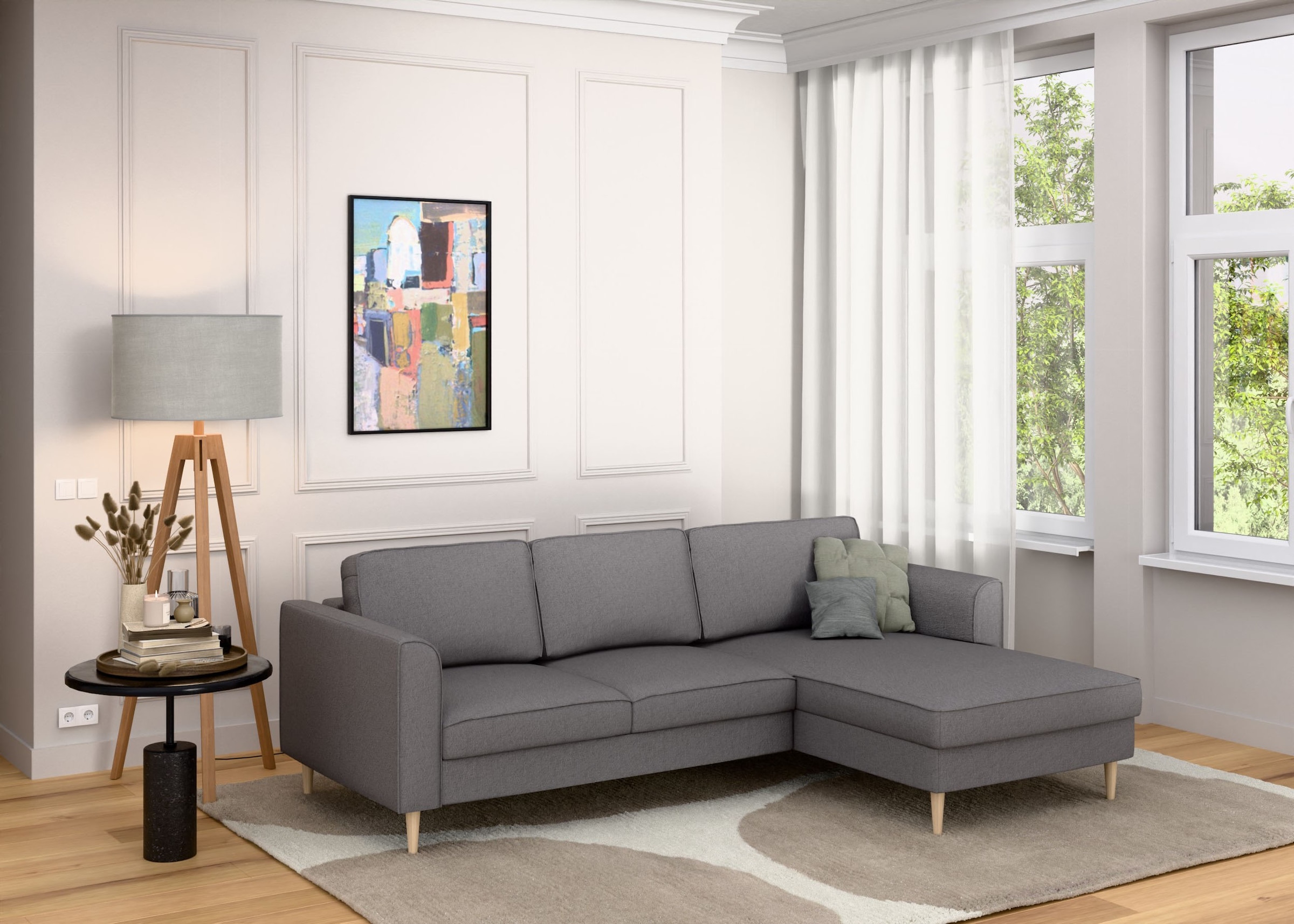 Home affaire Ecksofa »Booster, whlw. mit Schlaffunktion & Bettkasten, Fuß Buche lackiert« Recamiere beidseitig montierbar, L-Form, in Cord & Struktur, B: 232 cm