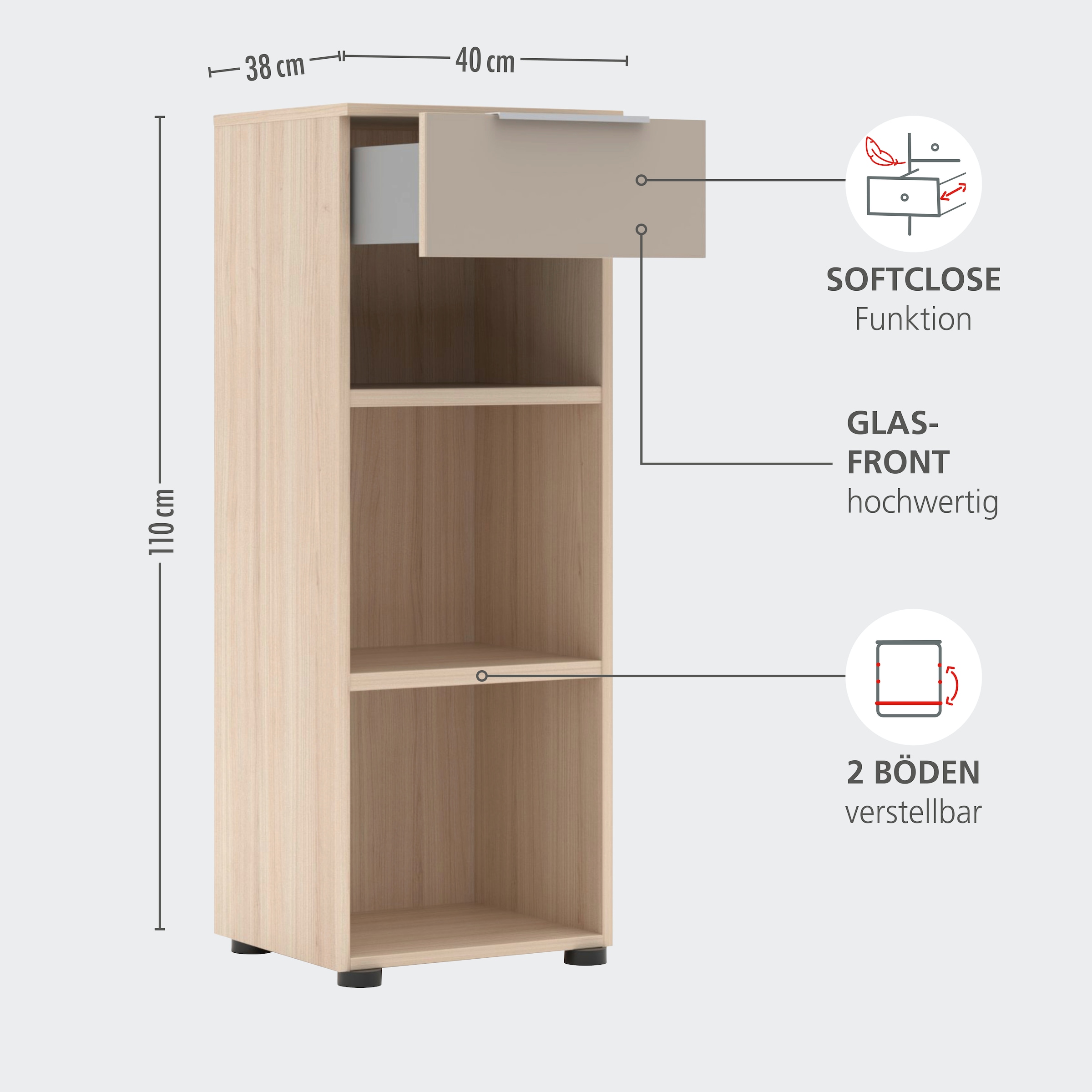 Innostyle Aktenregal »Büroregal Santorin, 40x 110x 38 cm (B/H/T)« 1 Stk. tlg. 1 Schubkasten, 3 offene Fächer, Softclose, Metallgriff