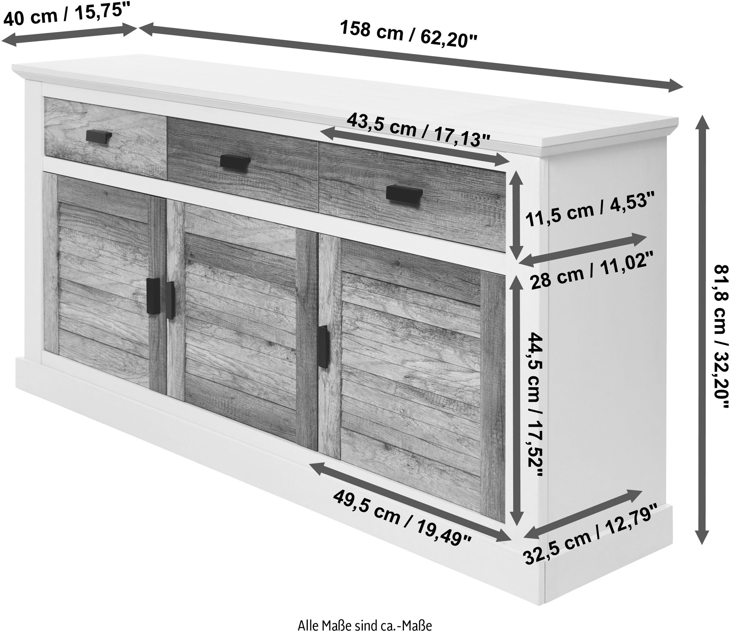 Jahnke Sideboard »HAMPTON SB 160«, (1 St.), Sideboard, Landhausstil, 3 Schubladen und 3 Türen, Breite ca. 160 cm